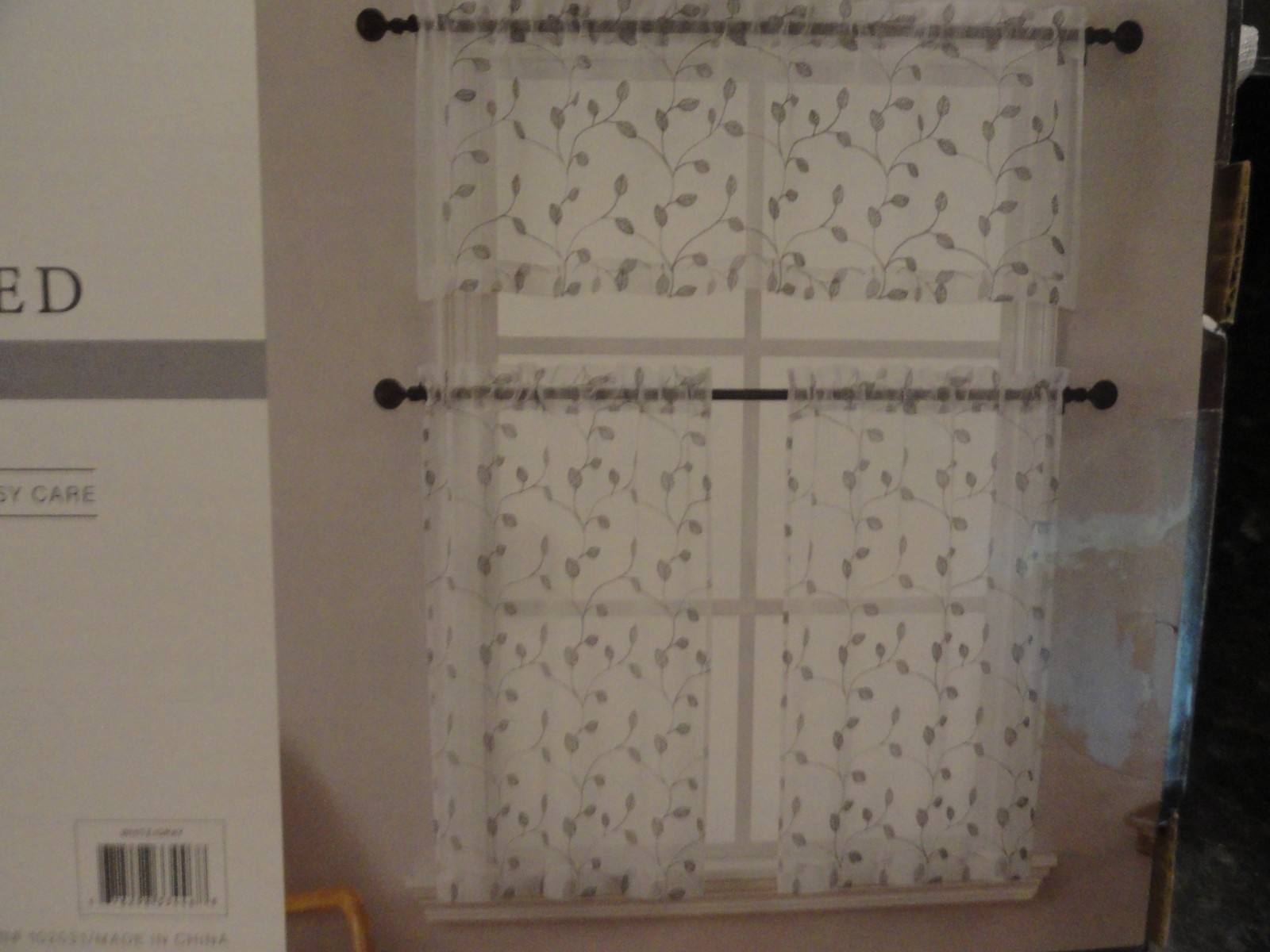 3 piece white sheer embroider Silver vining Leaves fabric Tier CURTAIN metallic