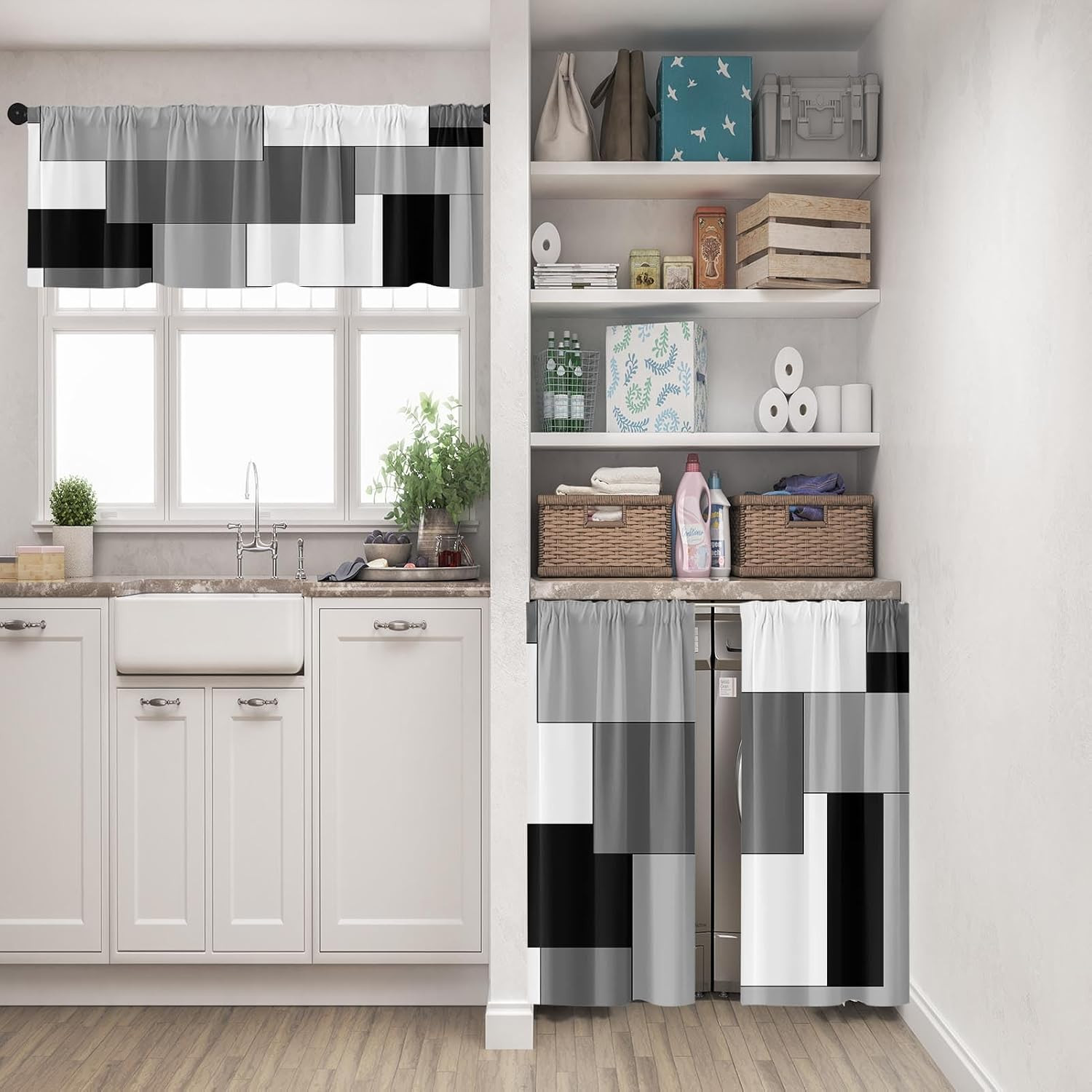 Black White Gray Kitchen Window Curtains Valance and Tier Set 36 Inch, Dark Grey