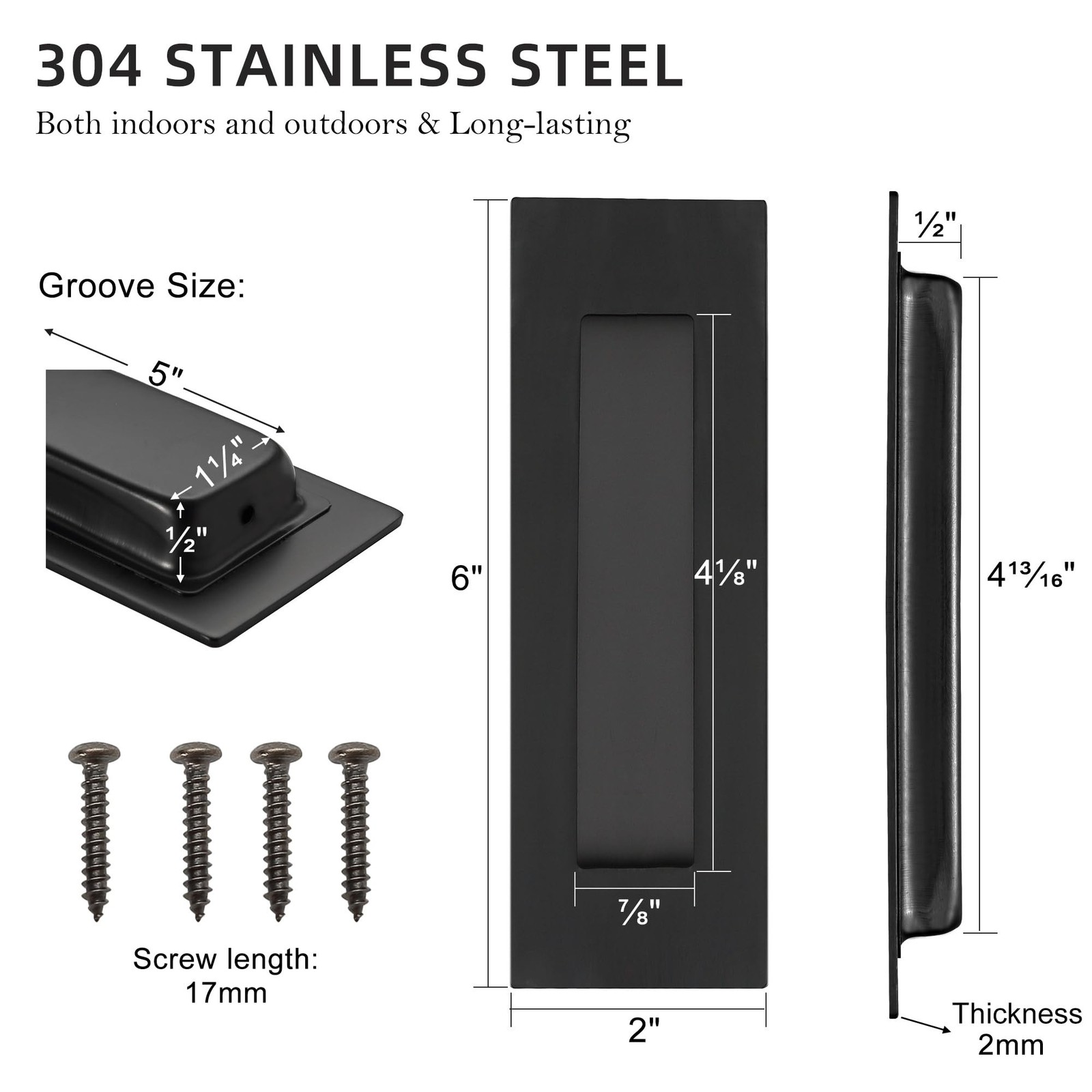 6 Inch Recessed Pocket Door Pull, Stainless Steel Rectangular Finger Flush Pu…