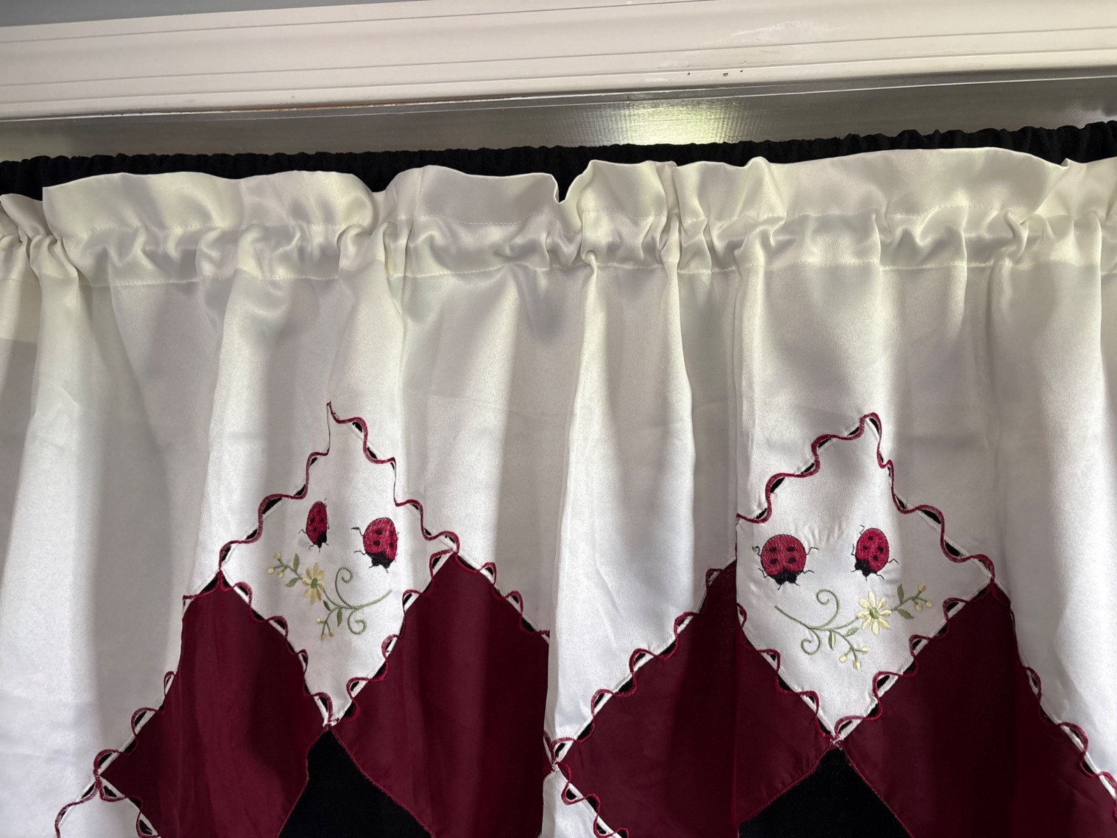 Ladybug Embroidered Cream Curtain Set 56″ Valance & 28″ Tier Panels