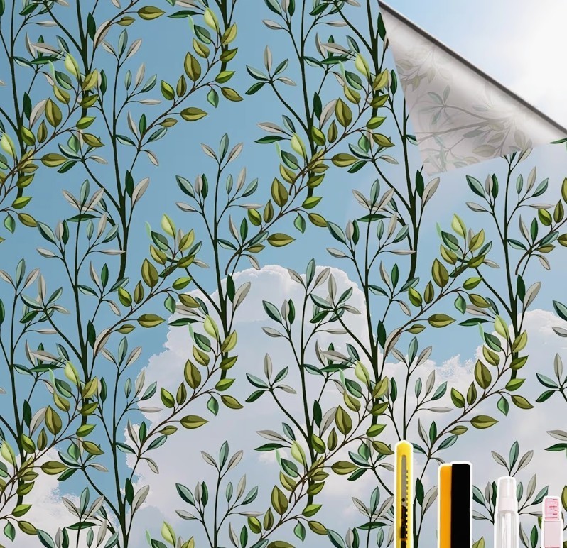 Window Covering One-Way Mirror Privacy Film Green Leaves Design 23.6″ x 78.7″