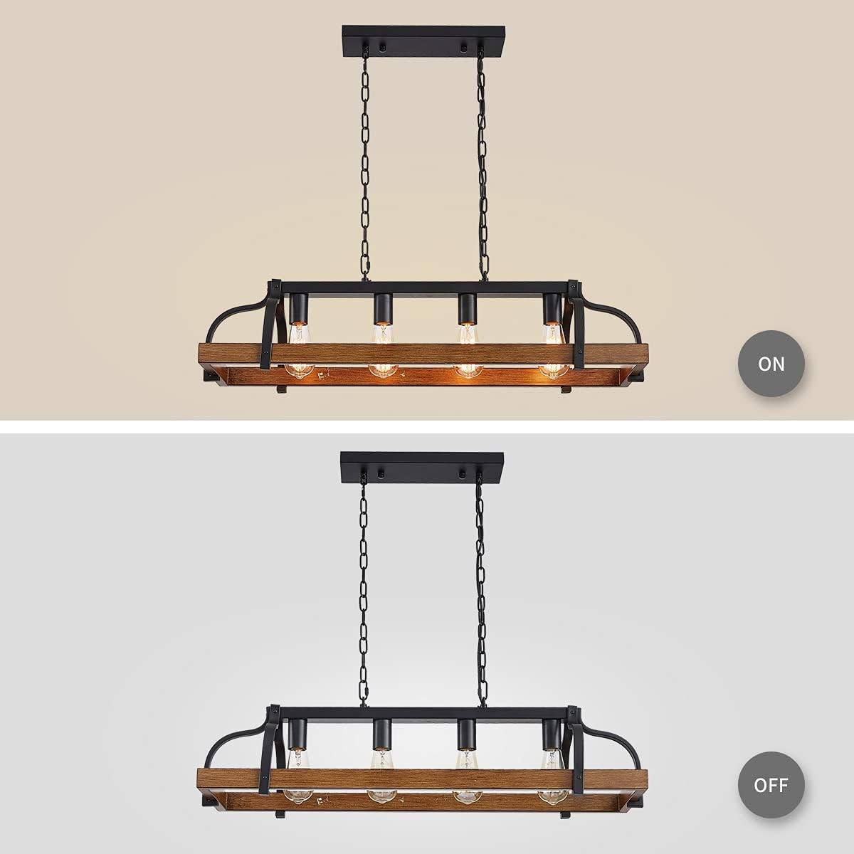 4-Light Metal Pot Hanging Rack Chandelier Imitation Wood Grain Linear Pendant Ce