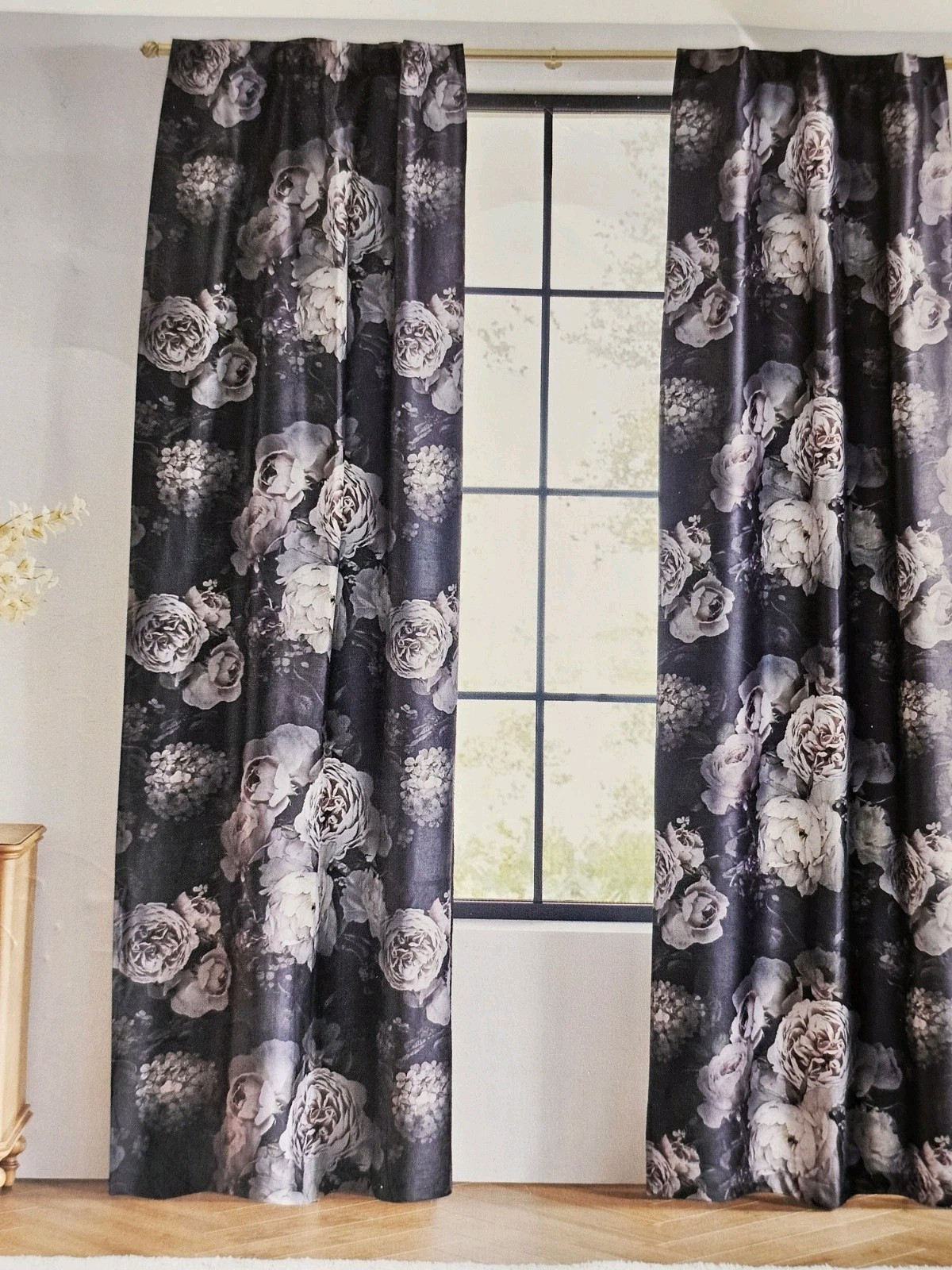 Callisto Home Blush Rose Floral Black Curtains 38″x 84 Rod Pocket Window Panels