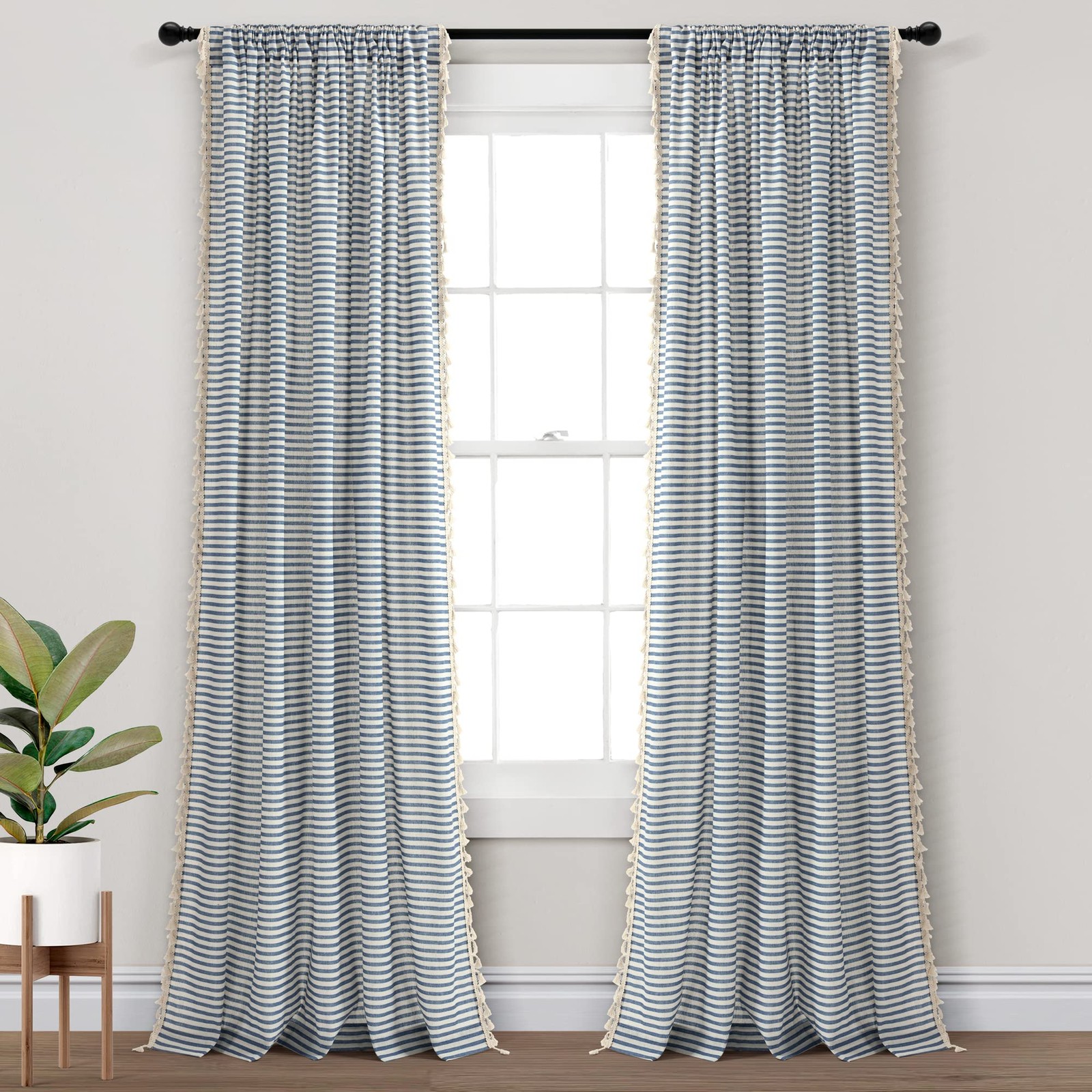 Boho Coastal Horizontal Ticking Stripe Tassel Window Curtain Panel Pair, 52″ …