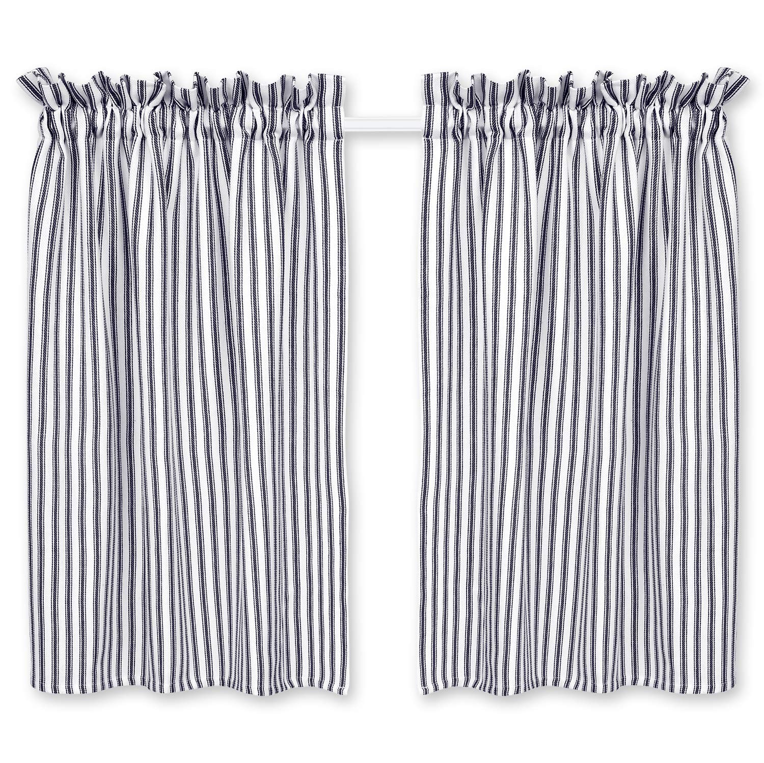 Navy Blue and White Ticking Stripe Cafe Curtains 28 Inches W x 36 Inches L Wo…