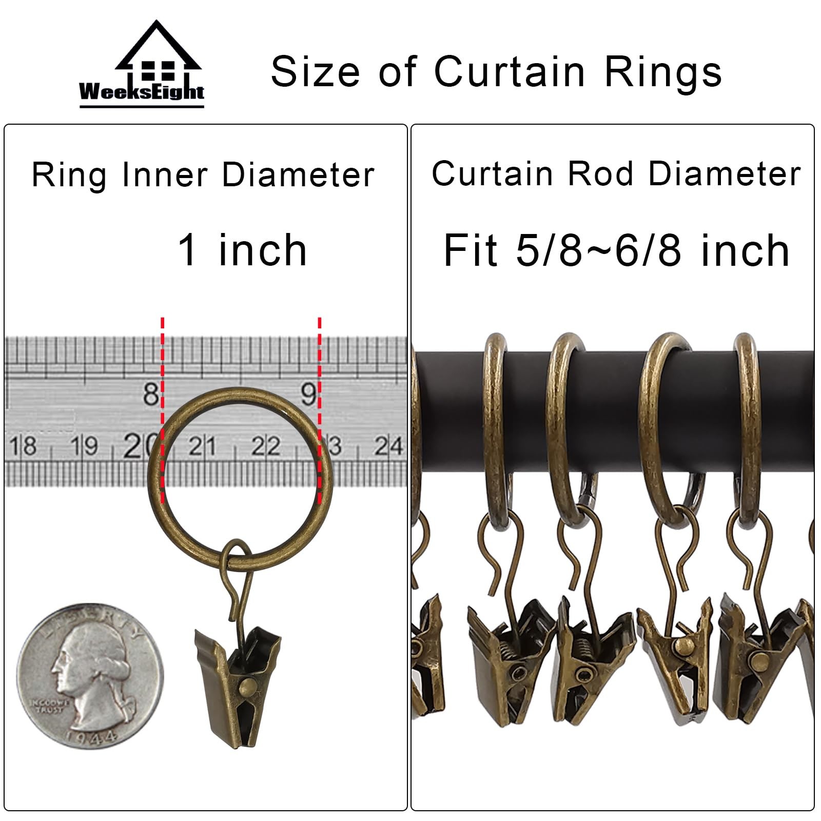 WeeksEight 44 Pack Bronze Curtain Rings with Clips, Curtain Hooks Hangers Cli…