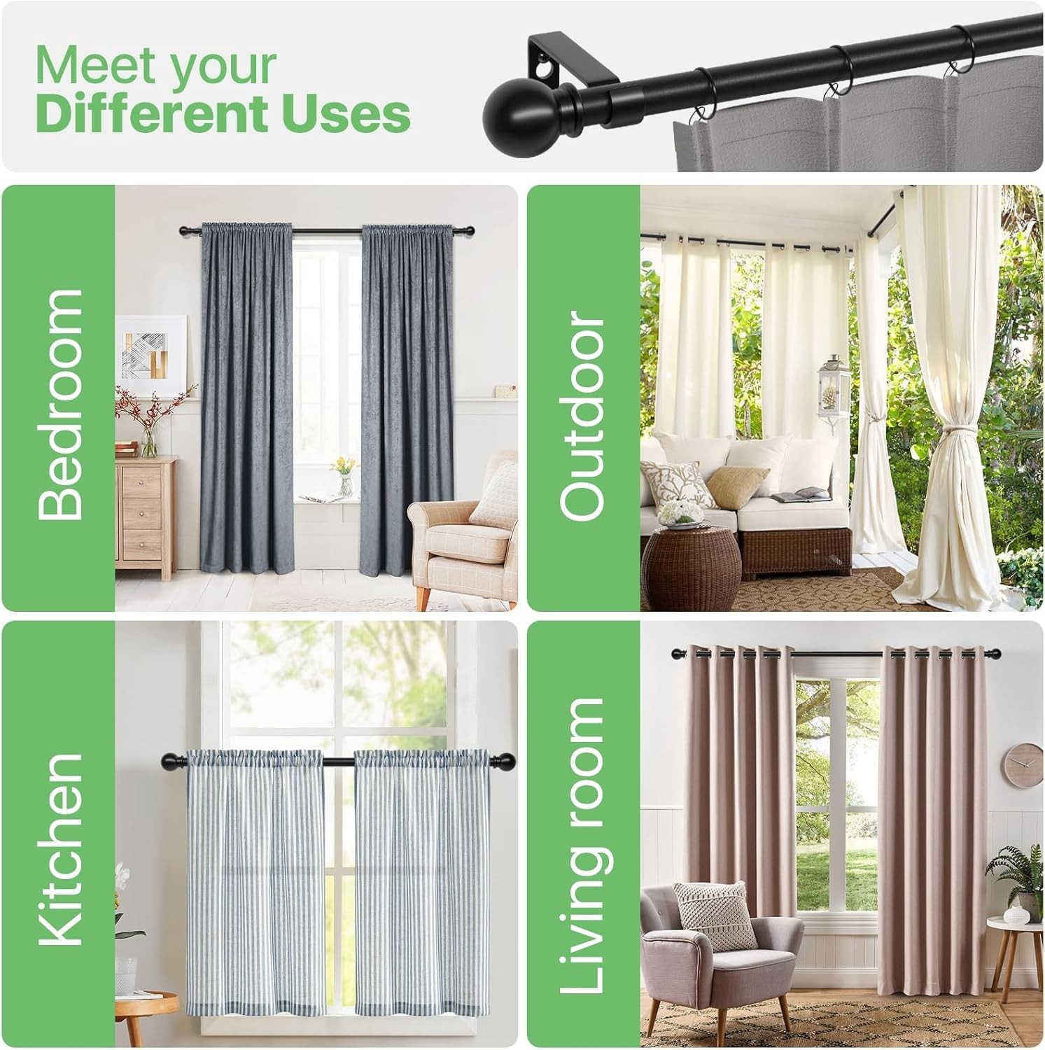 Black Curtain Rod 28-48″ Adjustable with Brackets