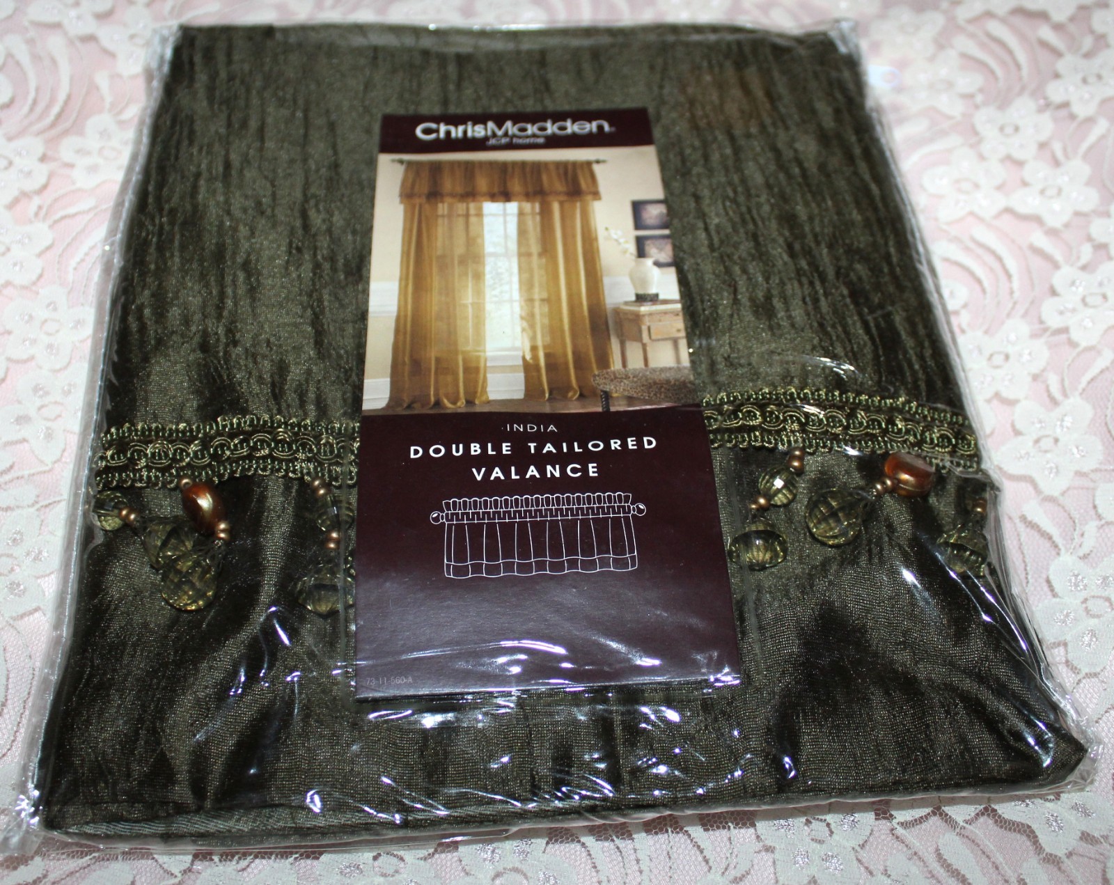 Chris Madden India Beaded Tailored Valance Olive Night NEW IN PACKAGE