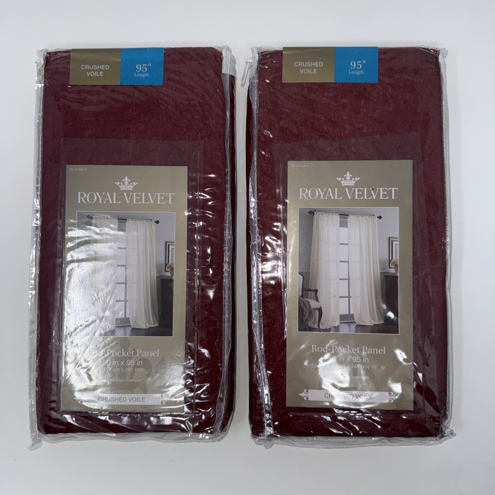 2 Royal Velvet Rod-Pocket Panels 50in x 95 in Crushed Viole Palmetto Red