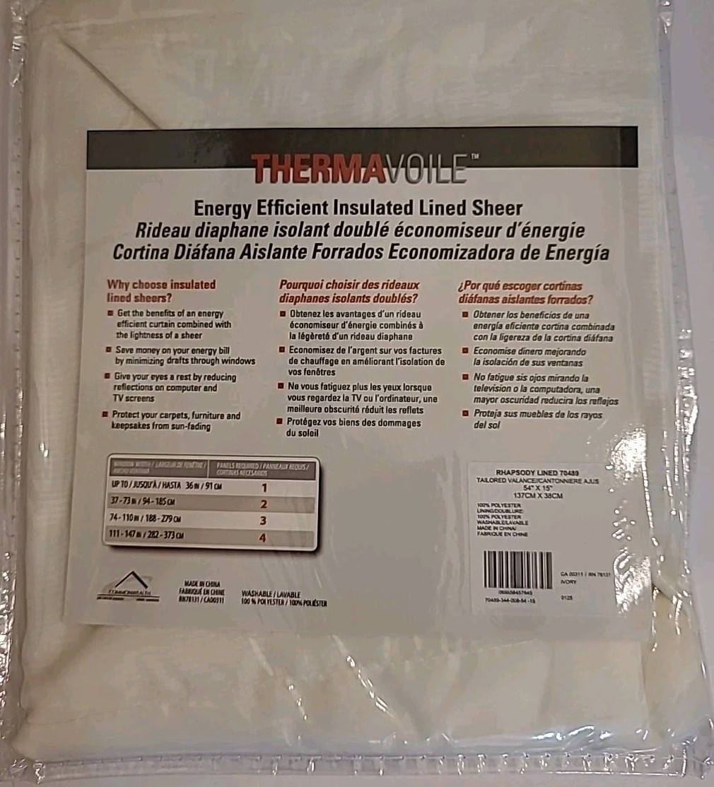 (2) Thermavoile Rhapsody Lined Rod Pocket Valance Window Dressing 54×15″ Ivory