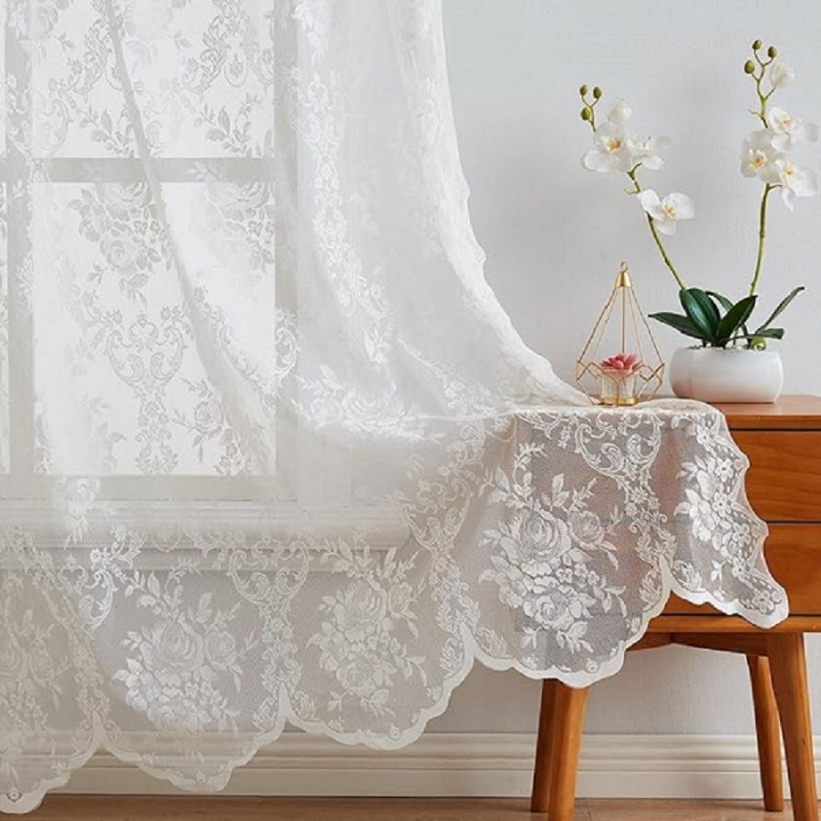 WARM HOME DESIGNS Pair of 2 Sheer Lace Curtains with Attached Valances & Tassels