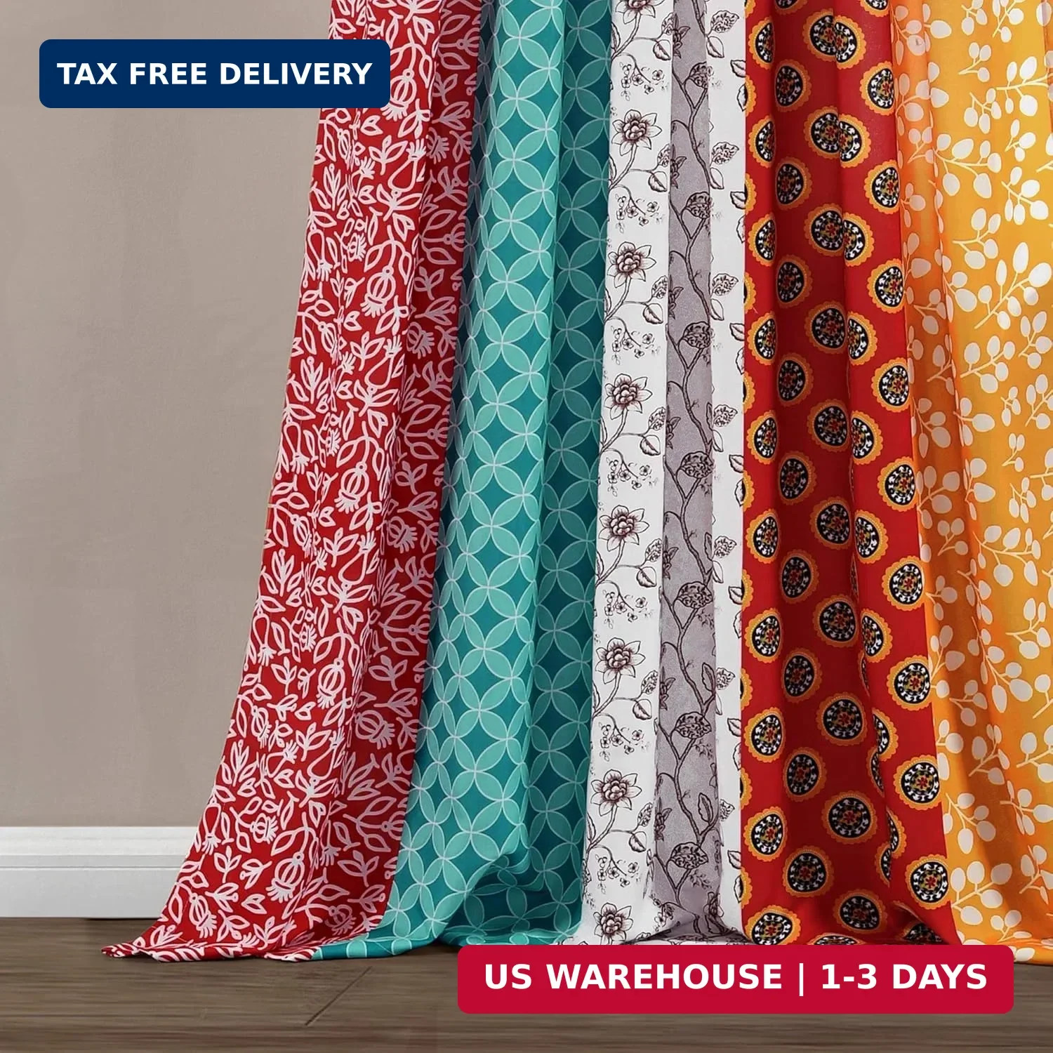 Boho Patch Light Filtering Window Curtain Panels Pair45″ W x 84″ L Orange & Navy