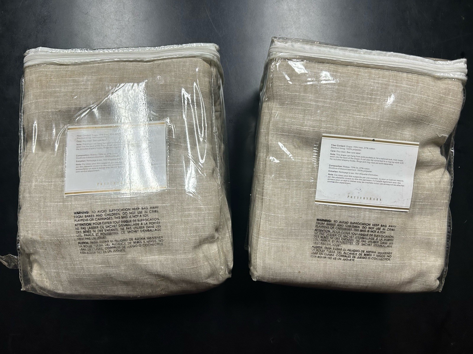Pair of Pottery Barn Emery Linen Curtains Oatmeal Beige 108×100 Blackout Lining