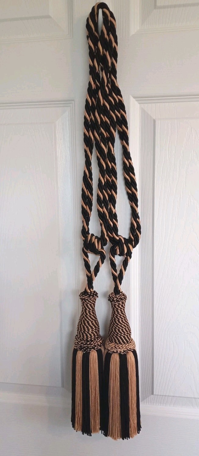 2 Large Heavy Twisted Rope Drapery Curtain Tie Backs Large Tassels Black & Gold