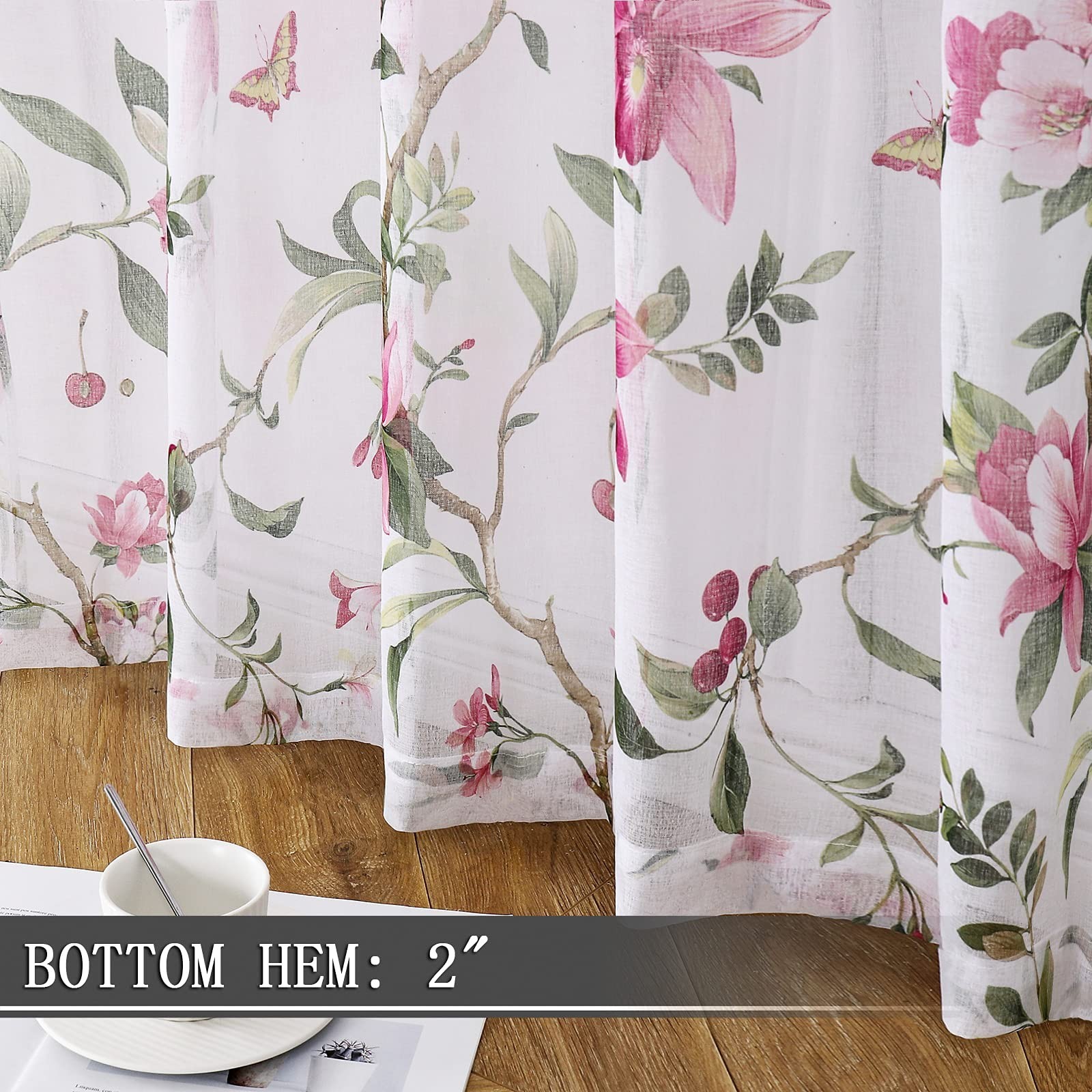 Tollpiz Floral Sheer Tier Curtain Pink Cherry Flower Butterfly Print Half Cur…