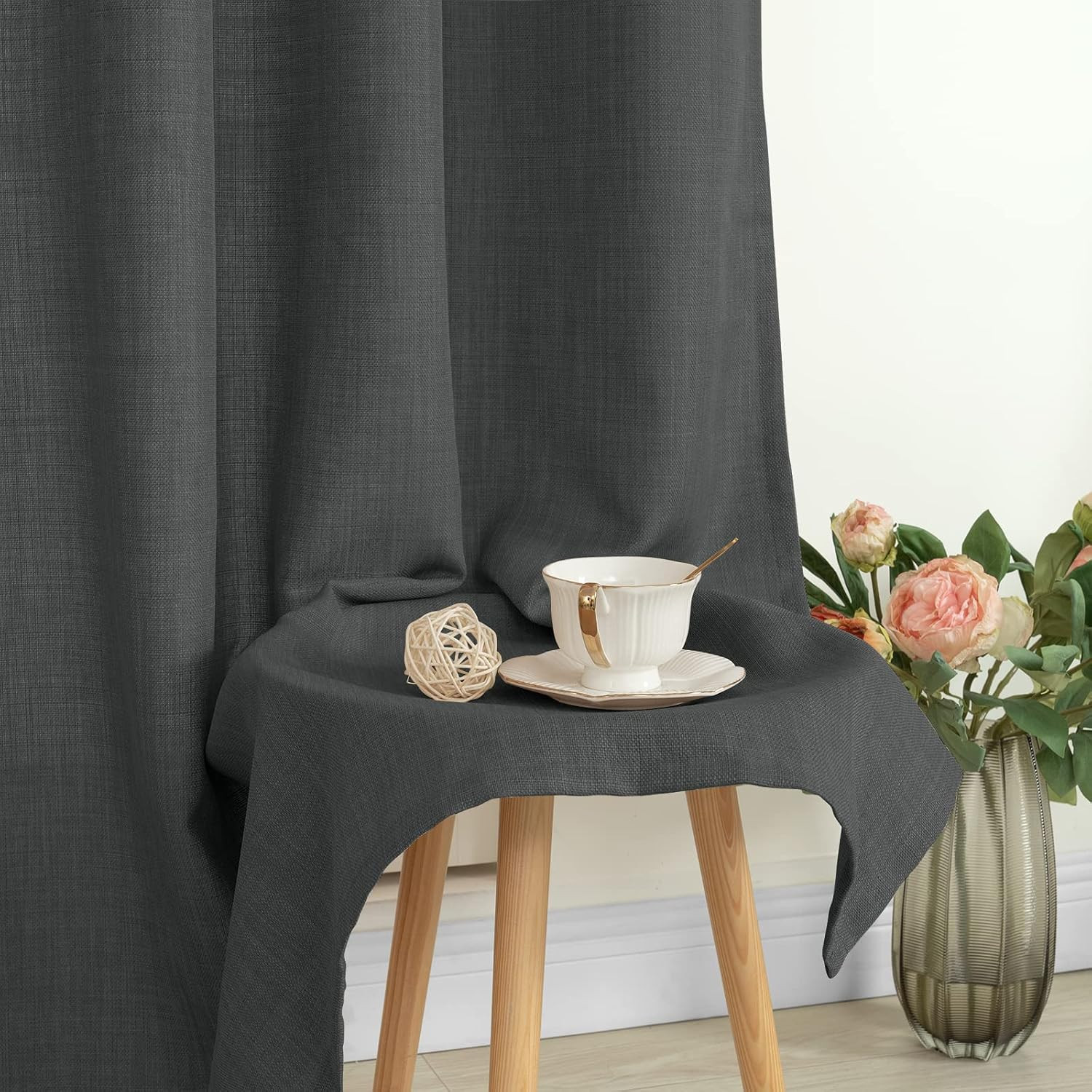 LAMIT Linen Curtains 45 inch for Bedroom, Grommet Thick Linen Textured Privacy D
