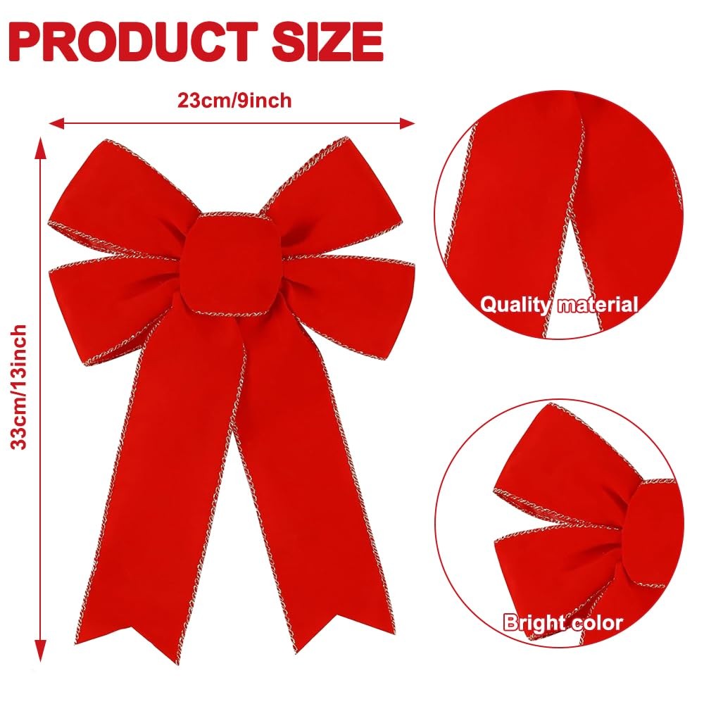 10PCS Christmas Red Bows Decorations, 9 x 13 Inches Large Velvet Tree Wreaths