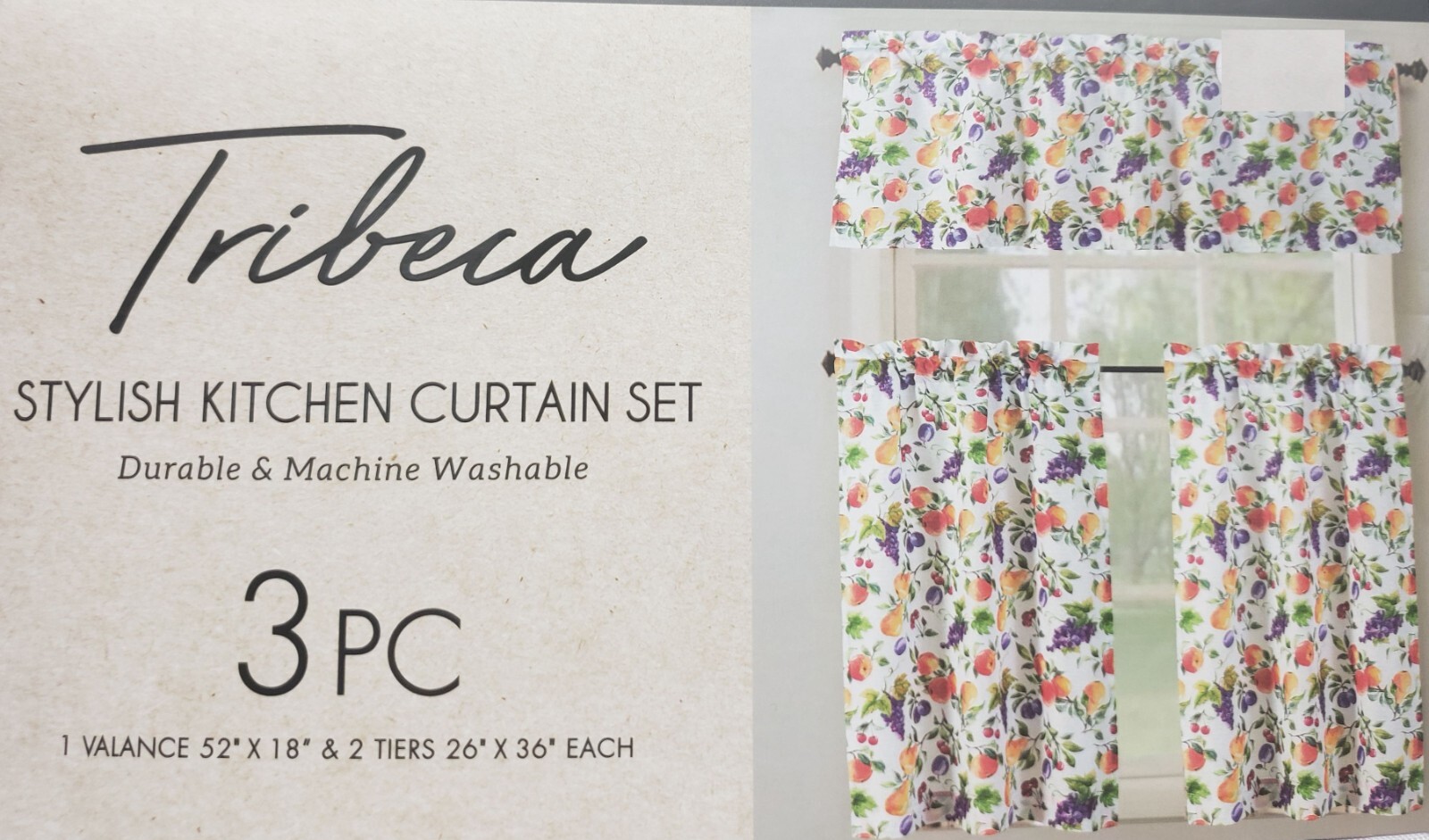 3pc Printed Kitchen Curtains Set:2 Tiers(26″x36″)&Valance(52″x18″)FRUITS,Tribeca