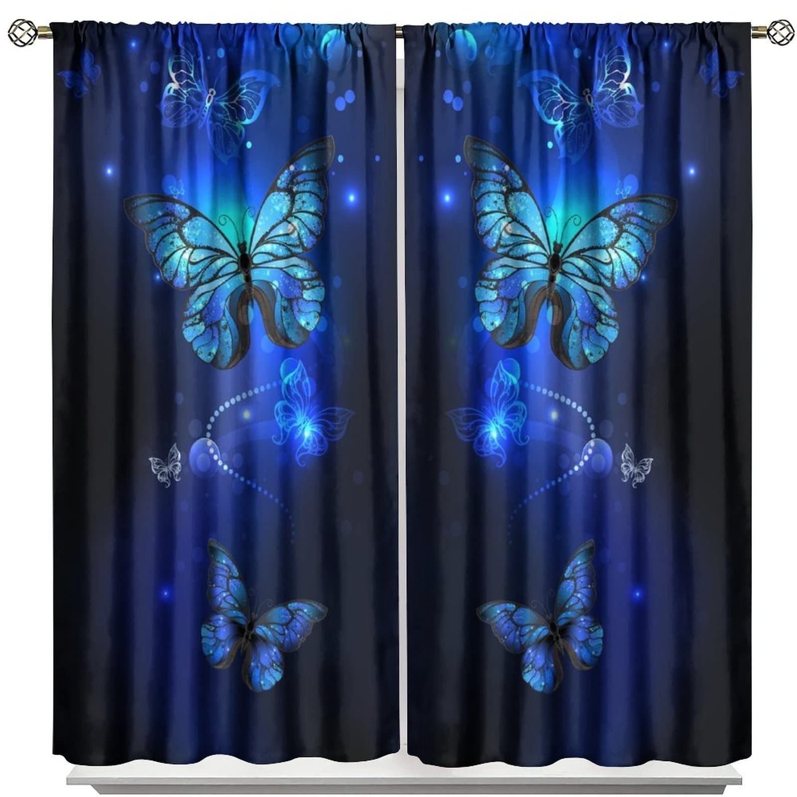 Blue Butterfly Curtains,Glowing Butterflies Black Background Thermal Insulate…