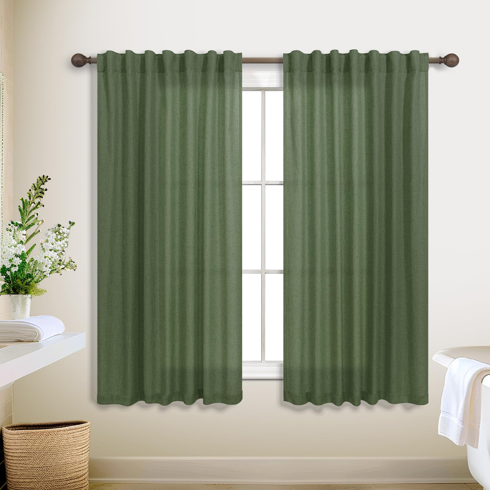 Olive Green 45Inch Short Curtains Back Tab Rod Pocket Kitchen Set, 2 Panels