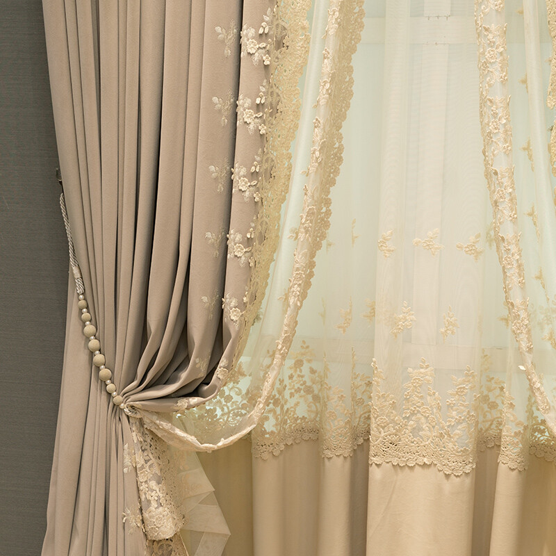 Upscale American embroidered flannelette beige velvet cloth curtain drape C1405*