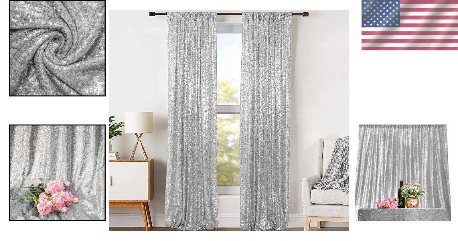 2ft x 8ft Silver Sequin Backdrop Curtains 2 Panel Glitter Photo Booth Drapes