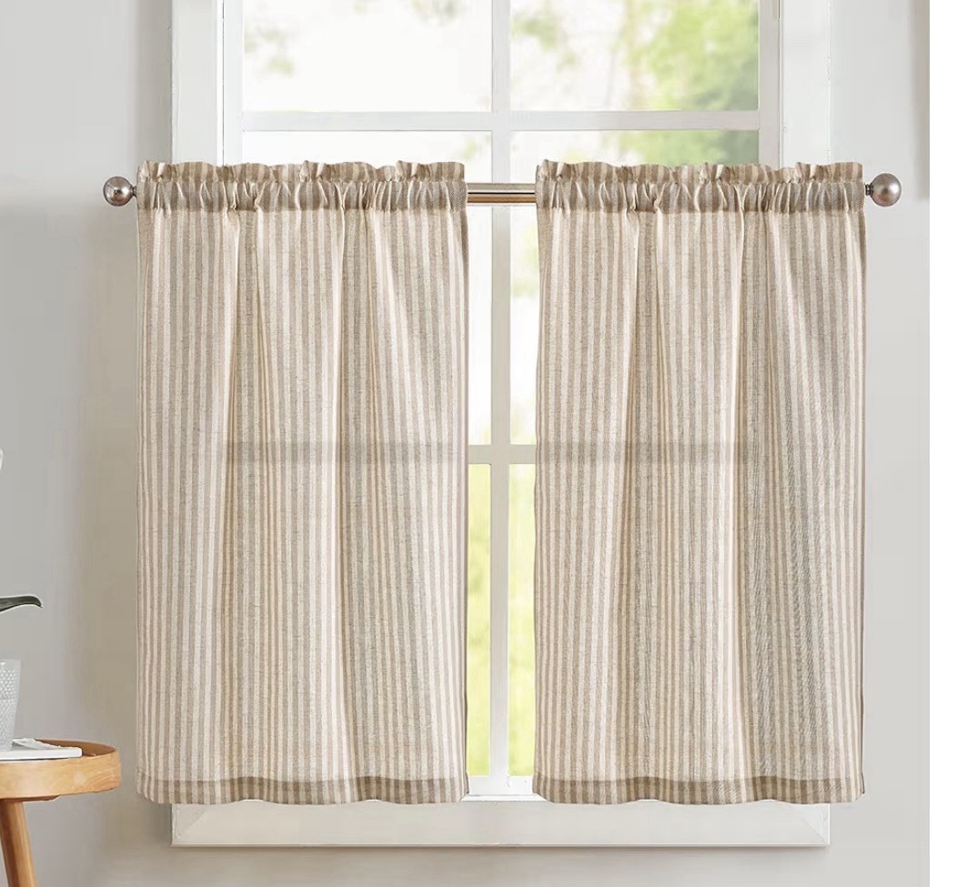 Vangao 2 Pack Stripe Farmhouse Kitchen 24” Length X 26” Linen Cafe Curtains Tan