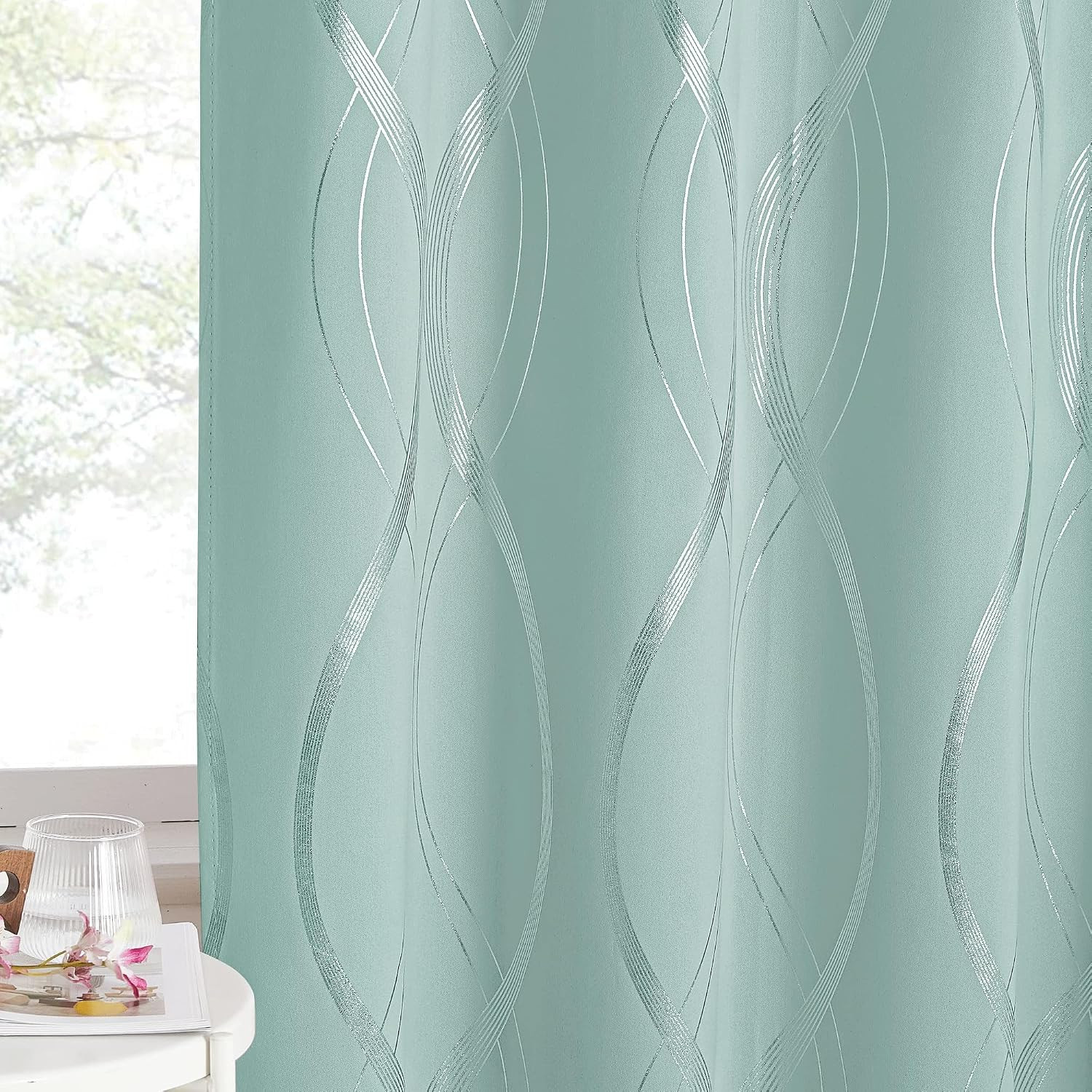 Aqua Blue Floral Blackout Curtain Panels 84 Inches 2 Pieces, 52 Inches Wide Ligh