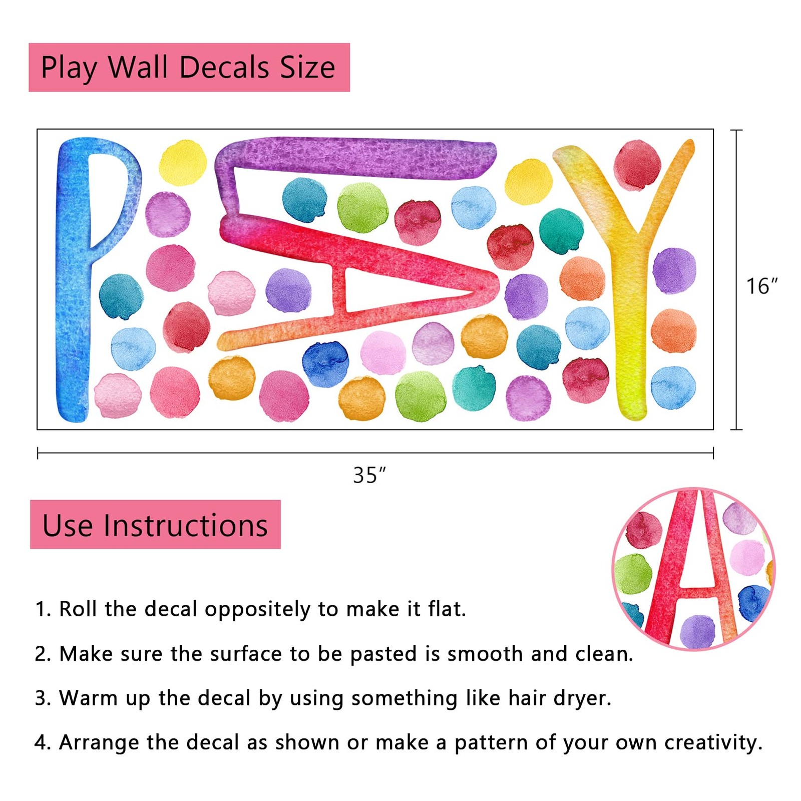 Yovkky Kids Playroom Polka Dots Wall Decals Stickers, Watercolor Play Play1
