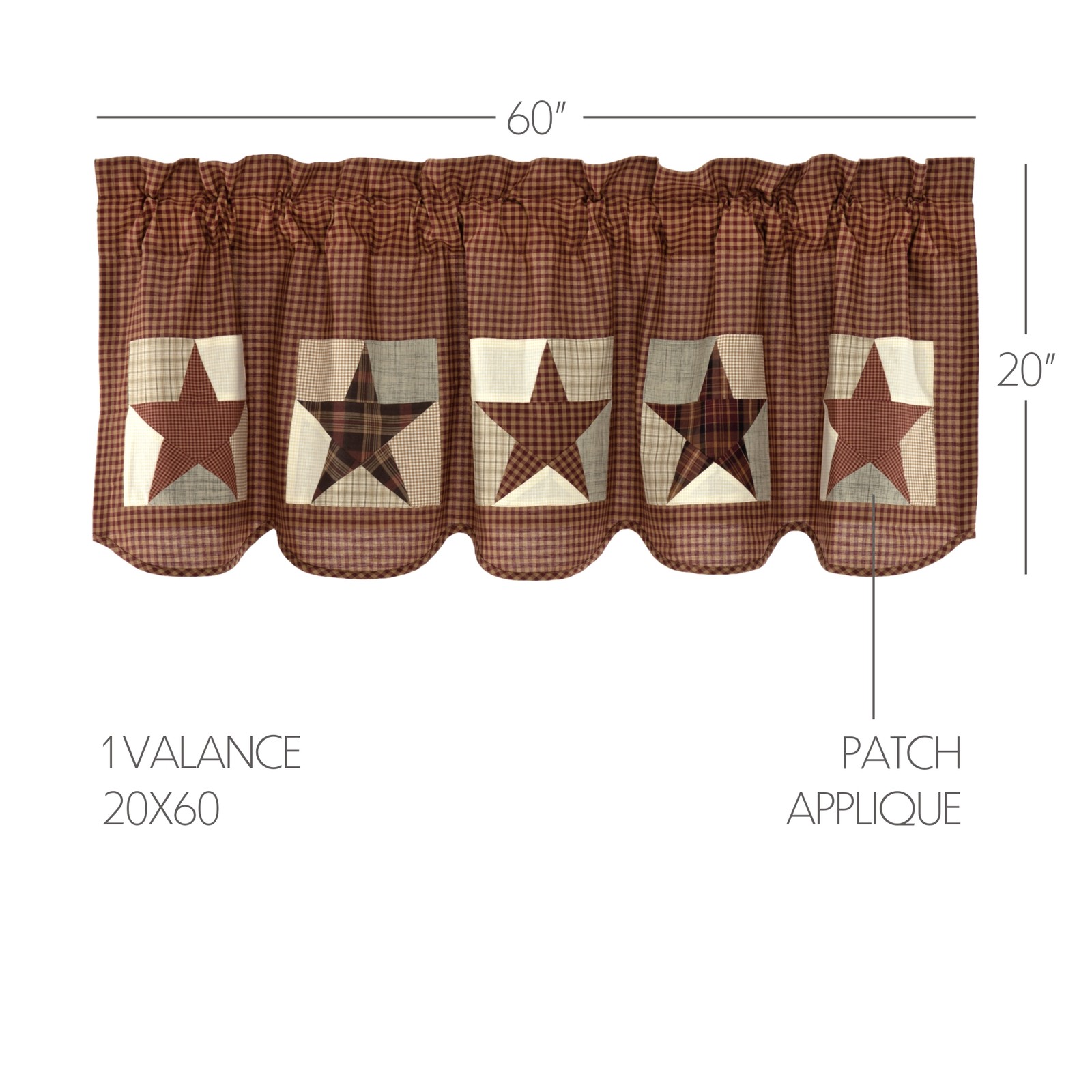 Primitive 20″x60″ Patch Block Valance Red Day Kitchen Window Curtains VHC Brands