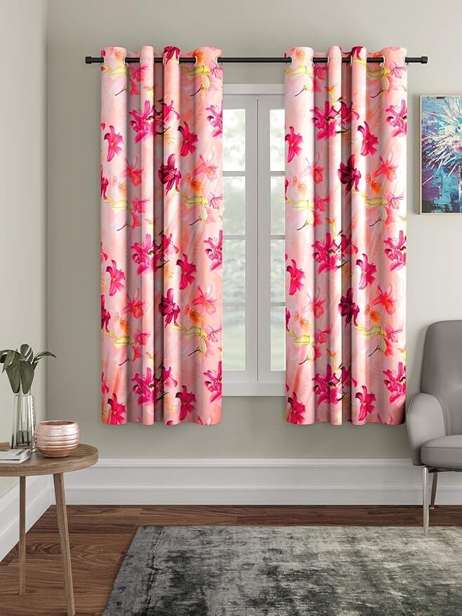2 Pieces Pink 3D Flower Eyelet Polyester Window Curtains 5 7 9 Feet