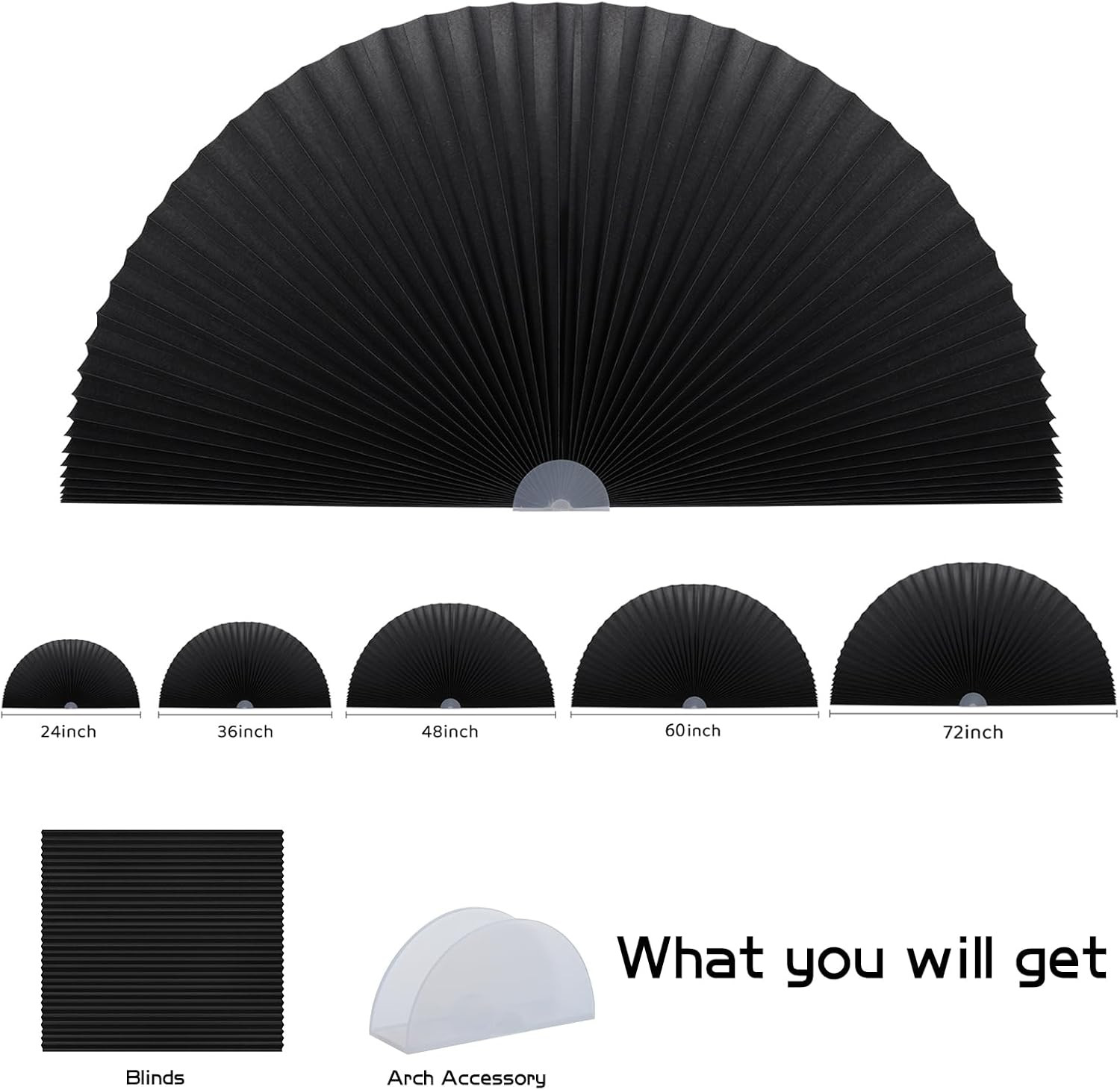 Arch Window Shade Curtains Half Circle Moon Pleated Fabric 36W x 18H Black