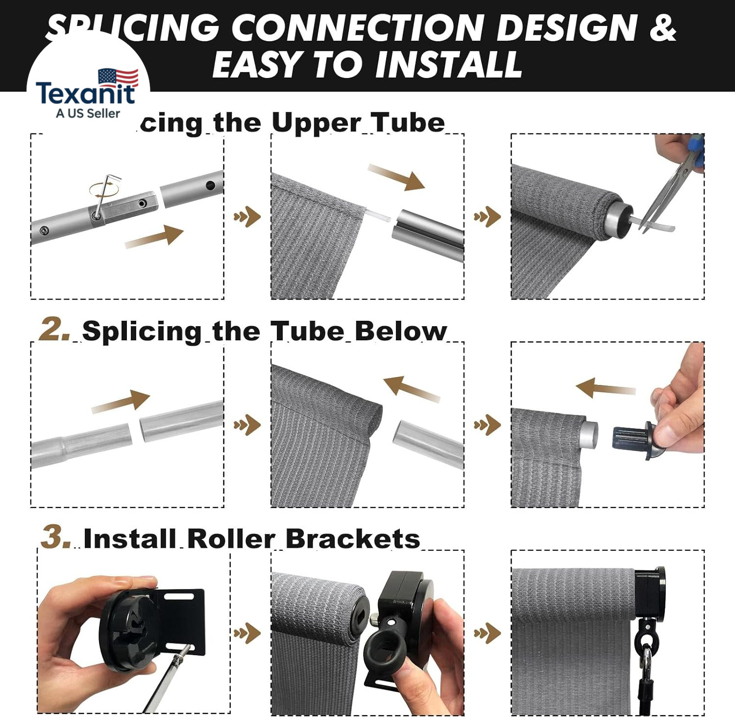 Outdoor Roller Shades with Splicing Design, 10′ W X 8′ H Exterior Cordless Patio