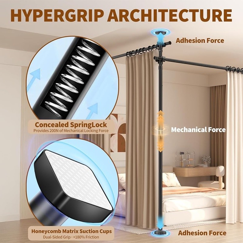 Adjustable No Drill Room Divider Curtain Rod Tension Mounted Strong Load-bearing