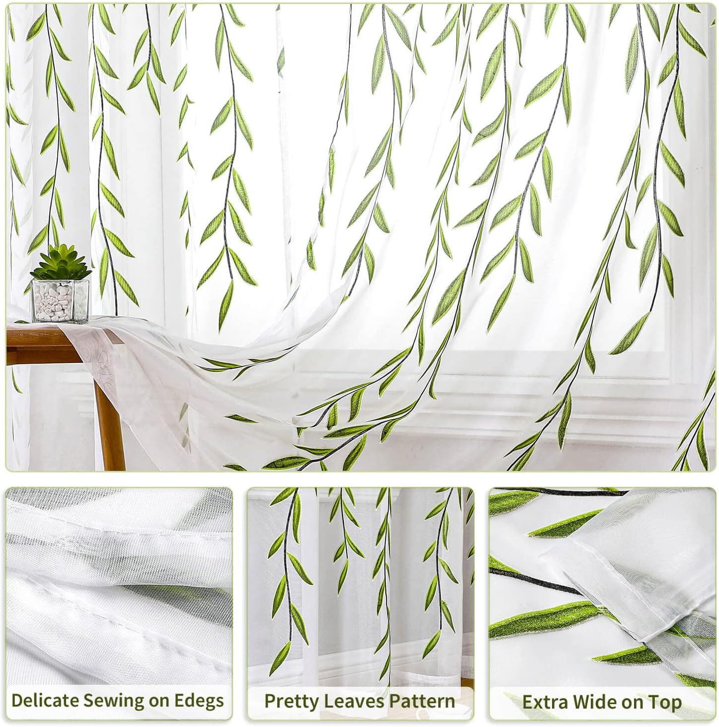 Short Sheer Curtains 2 Panel Set,Green Print Curtains Sheer Leaf Pattern White S