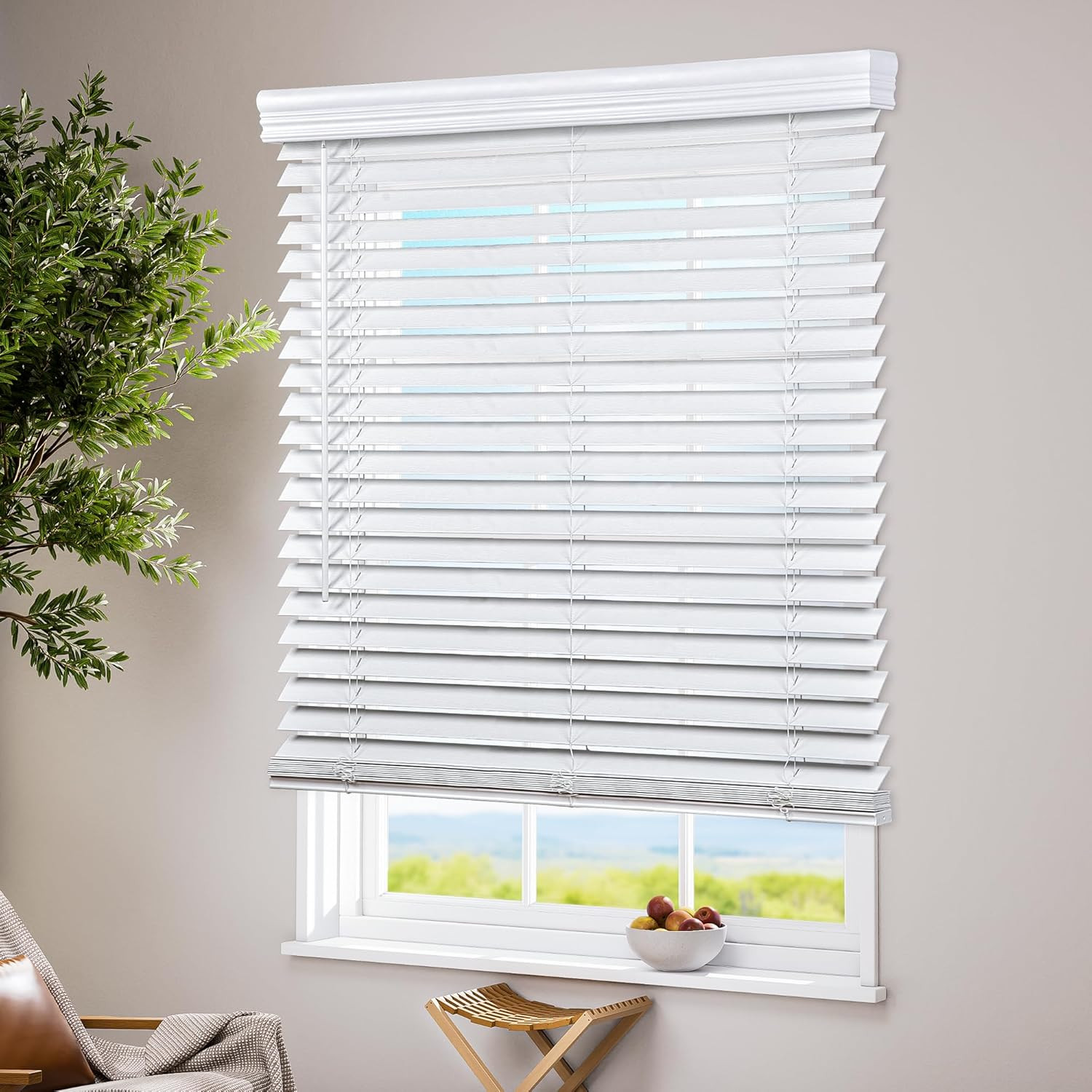 Cordless Faux Wood Blinds with Crown Valance, Room Darkening & Light Control, 2