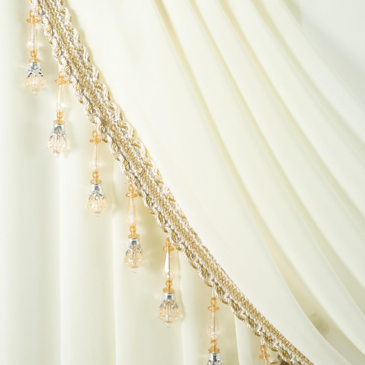 Leeva 138 Extra Wide Beige Waterfall Valance Luxury Voile Swag Beaded Tassels
