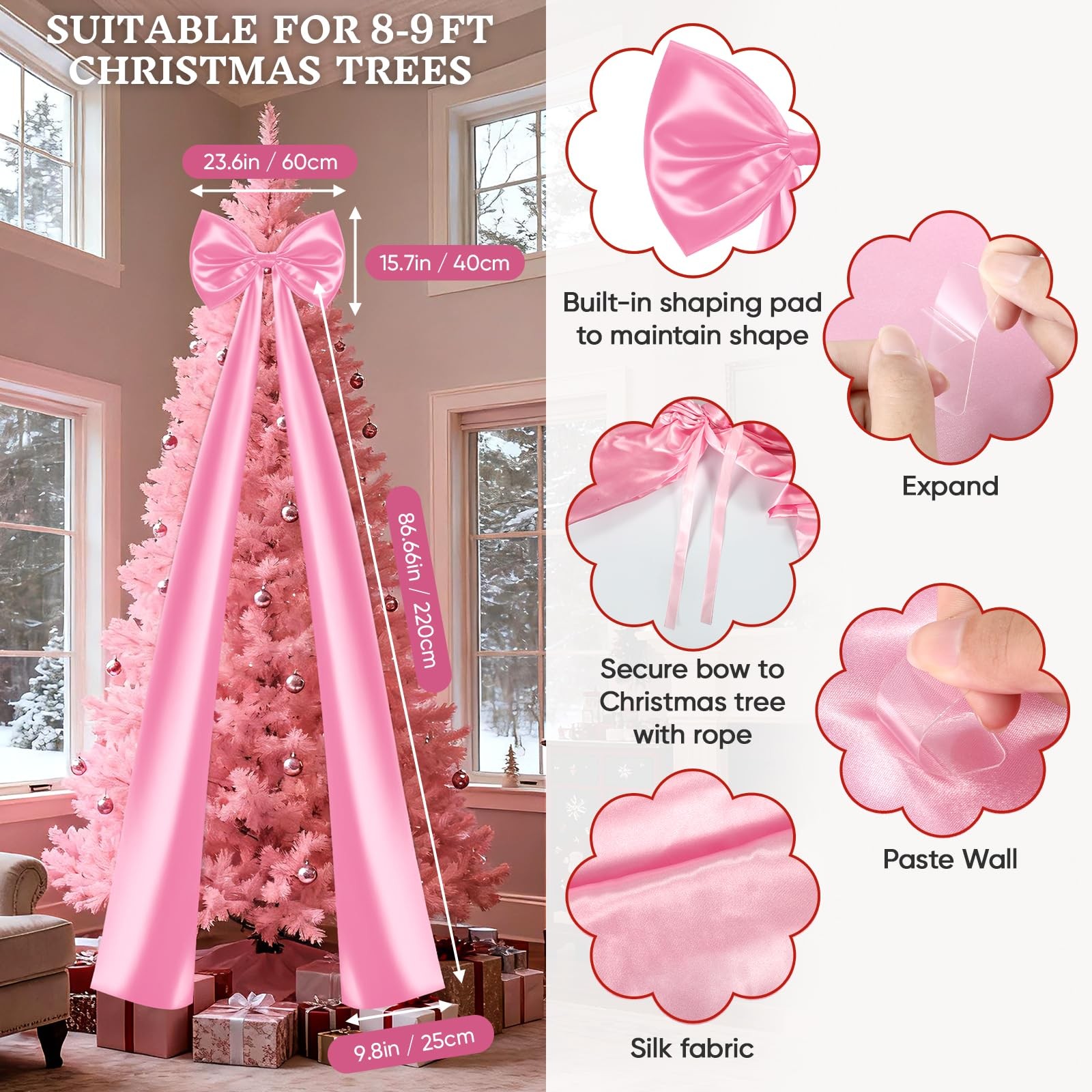 Large Pink Bow Decorations 24 x 87 Inch Giant Pink Bows with Rope and Double-…