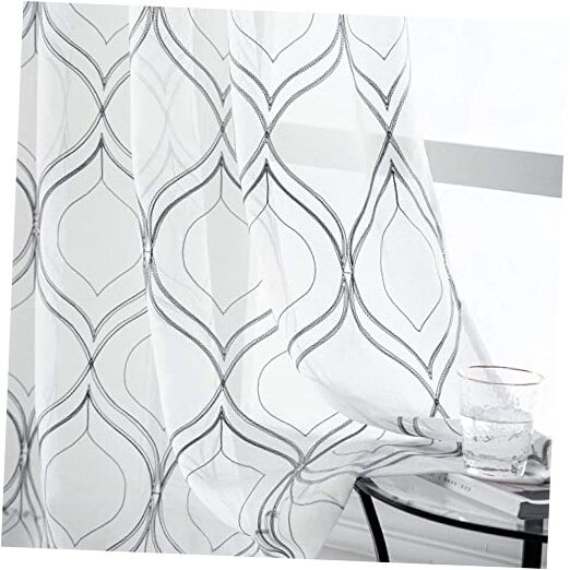 VISIONTEX Moroccan Embroidered Trellis White Sheer 54″W x 84″L (Pack of 2) Grey