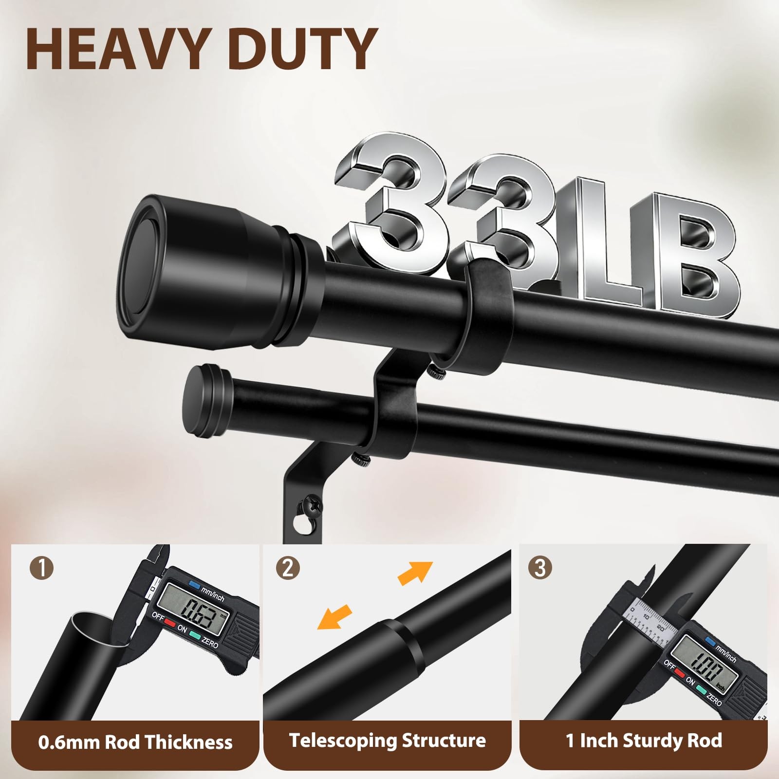 Heavy Duty Double Curtain Rod 3260 Inch Adjustable Matte Black with Brackets