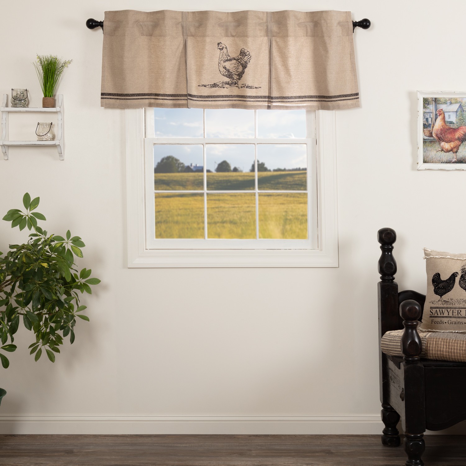 Farmhouse 20″x60″ Chicken Valance Tan Rod Kitchen Window Curtains VHC Brands