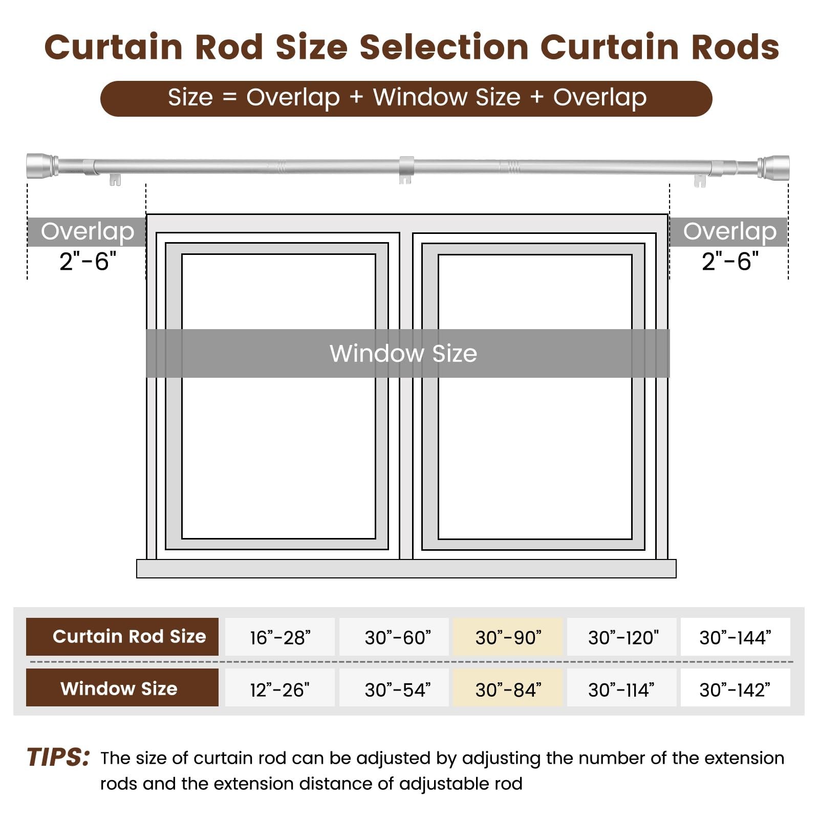 1” Diameter Silver Curtain Rods Itself is 30 to 90 inch, 1 Pack Fit 30-84