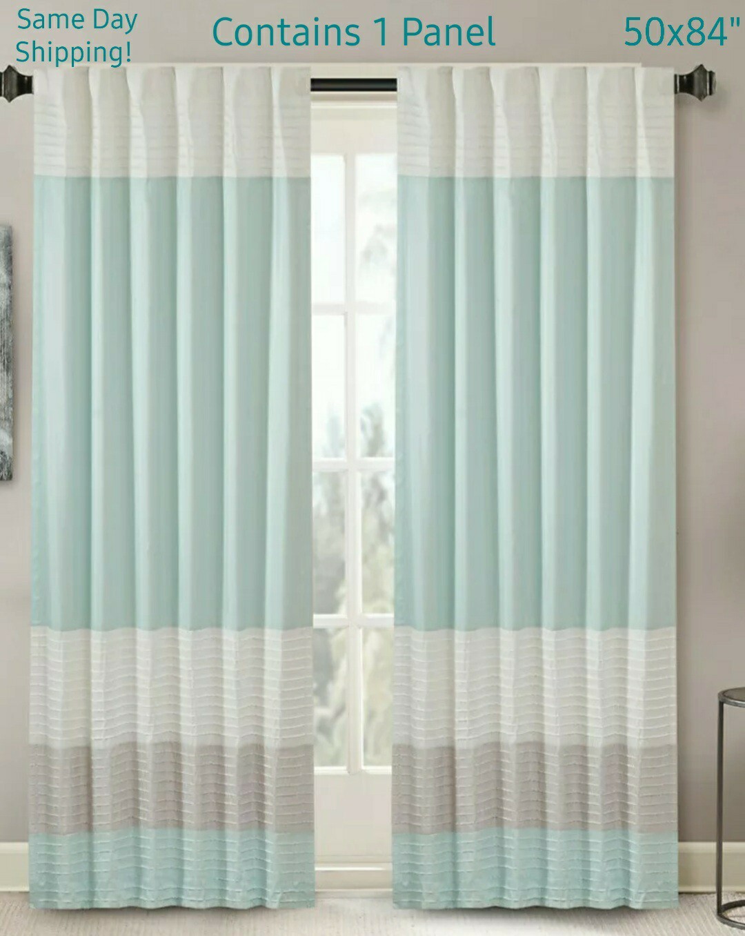 NEW! MADISON PARK Window Curtain 1 Panel 50″x84″ Pintuck Detail Aqua Ivory Gray