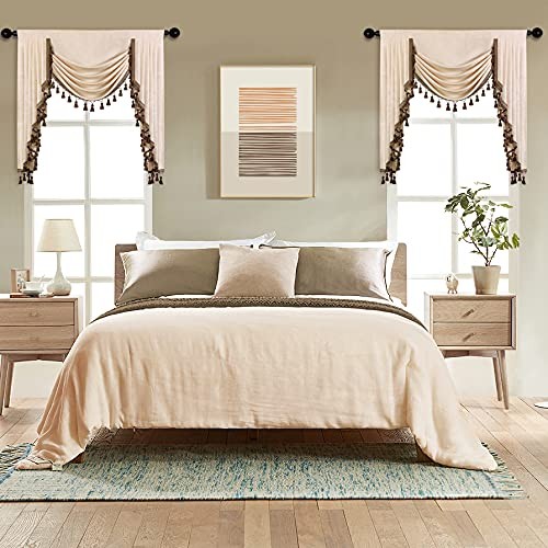ELKCA Beige Thick Chenille Waterfall Valance for Living Room Window Curtains