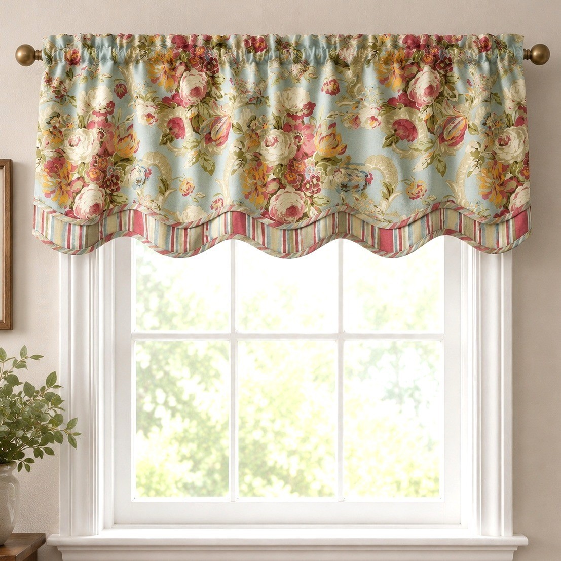 Waverly Floral Scalloped Window Valance Pair Cottagecore Rose Stripe Trim 47×20