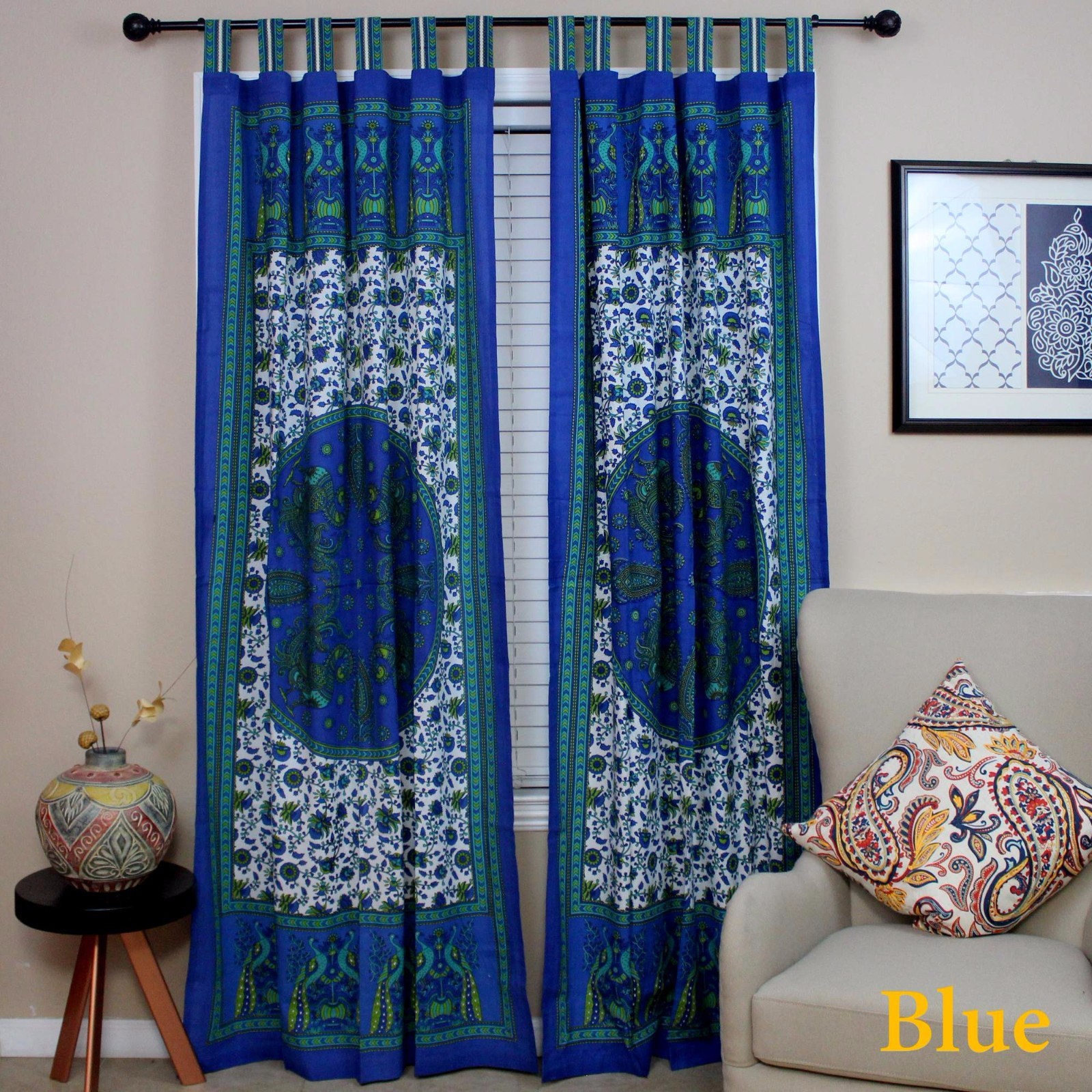 Handmade Peacock Curtain 100% Cotton Tab Top Door Panel Drape Blue 44×88 Inches