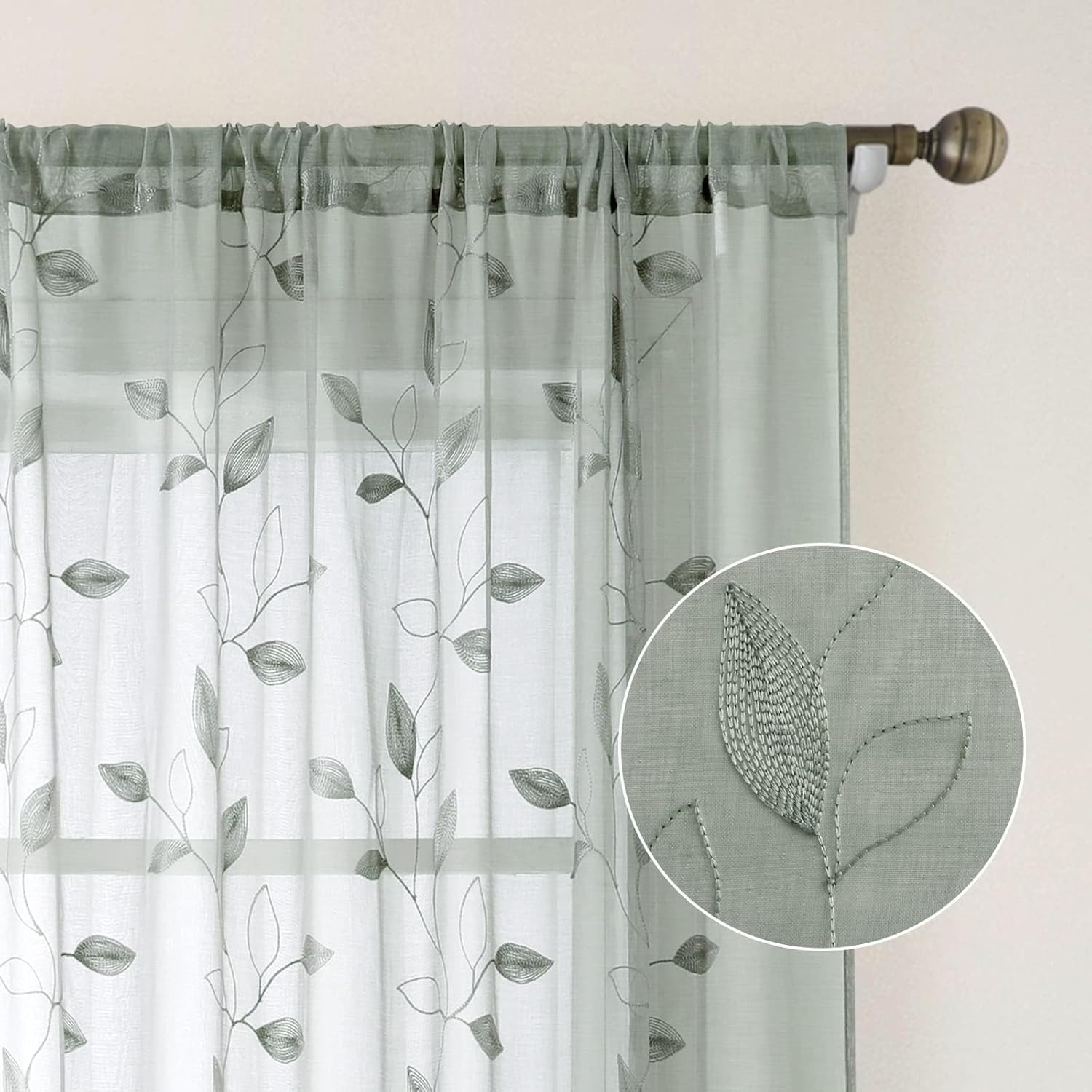 Sage Green Sheer Curtains 52 X 63 Inches Length 2 Panels Embroidered Leaf Patter