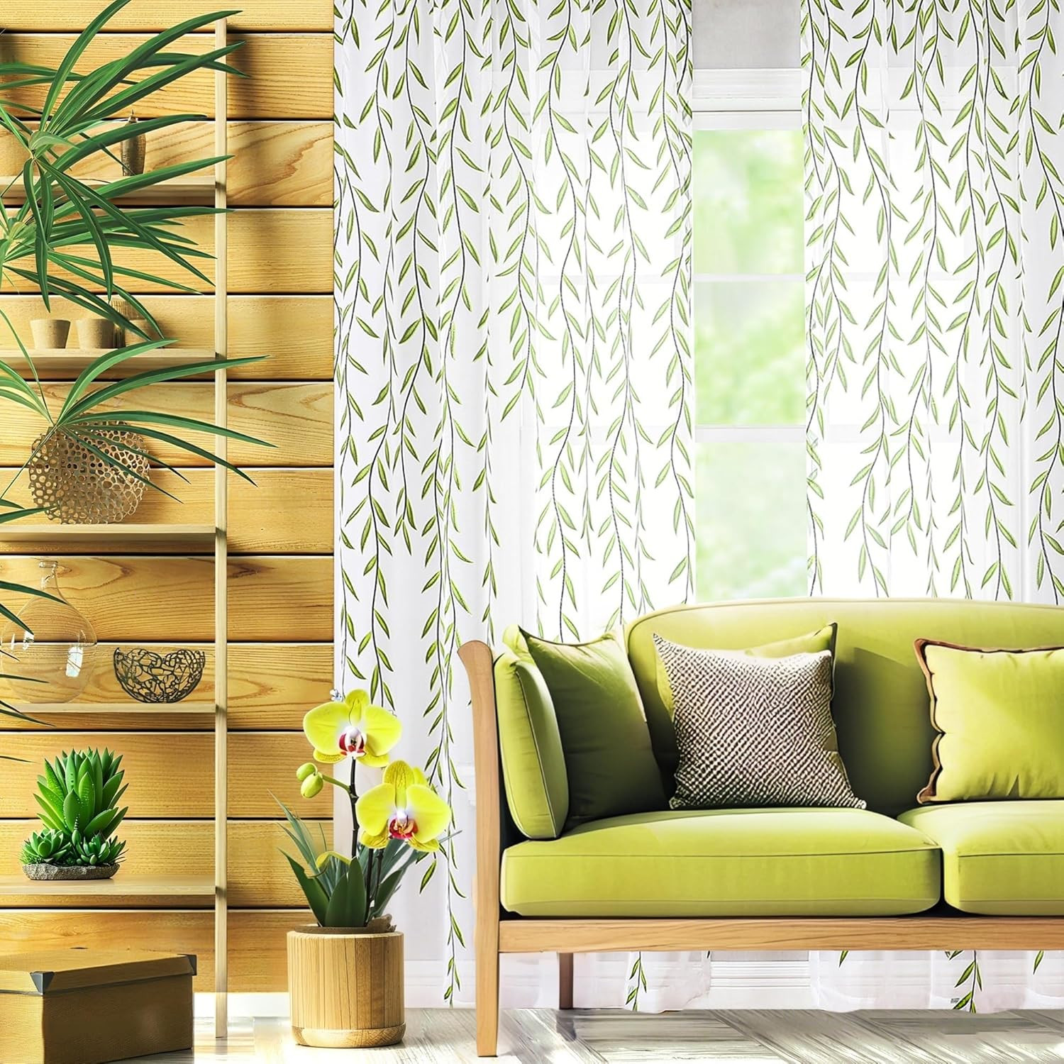 Short Sheer Curtains 2 Panel Set,Green Print Curtains Sheer Leaf Pattern White S