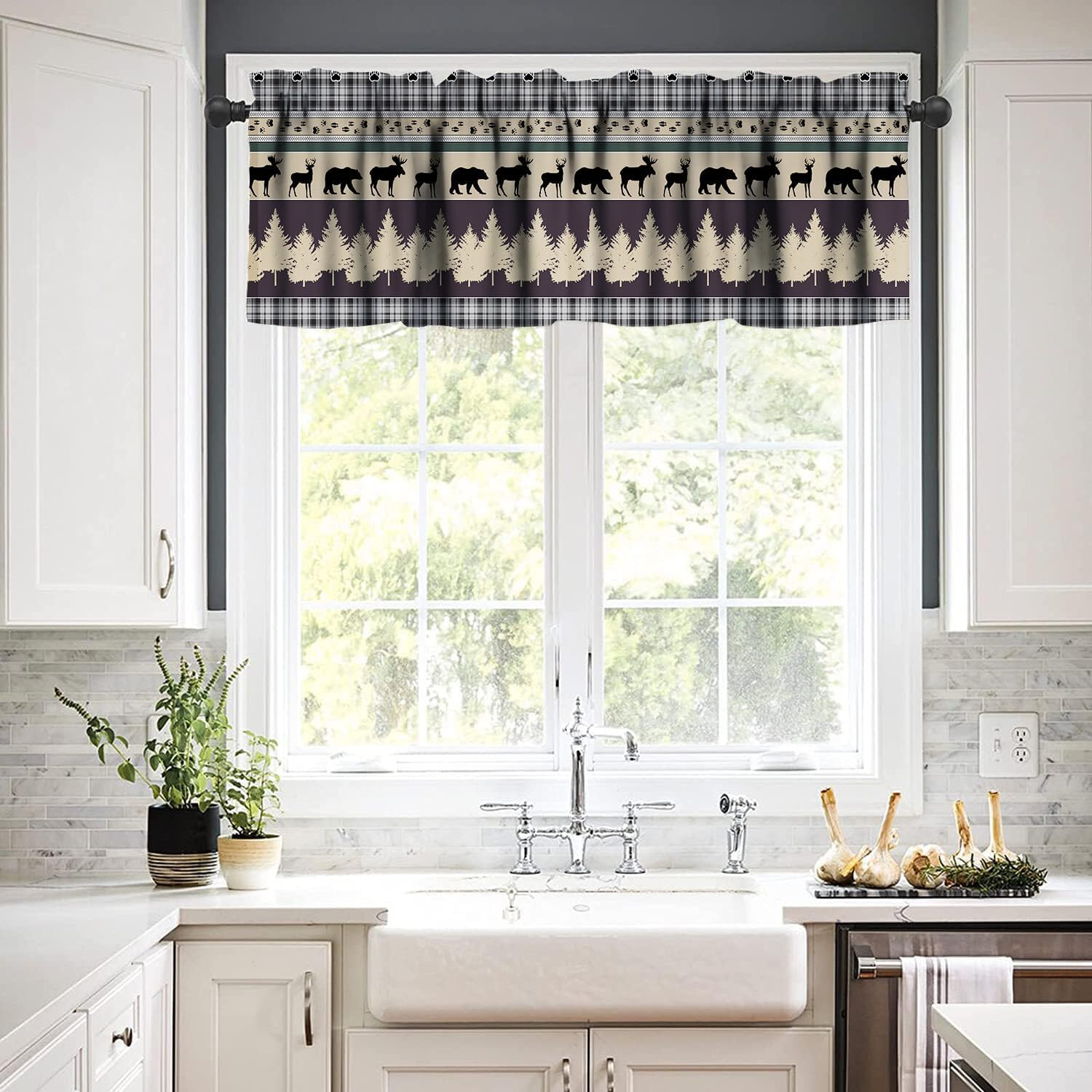 Rustic Farmhouse Bear Deer Valances,Retro Rustic Style Valance Farmhouse Cottage