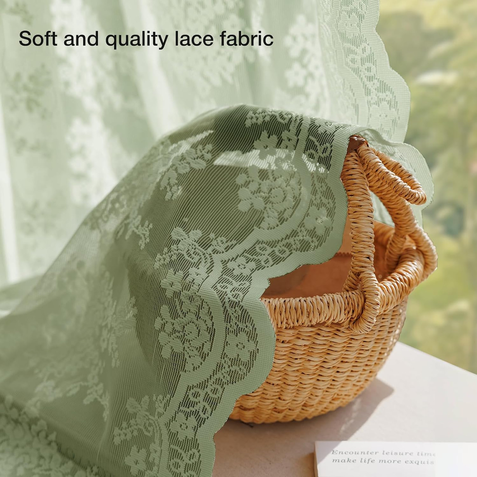 Vintage Sage Green Lace Curtains 63 Inch Long 2 Panel Set Light Filtering Semi
